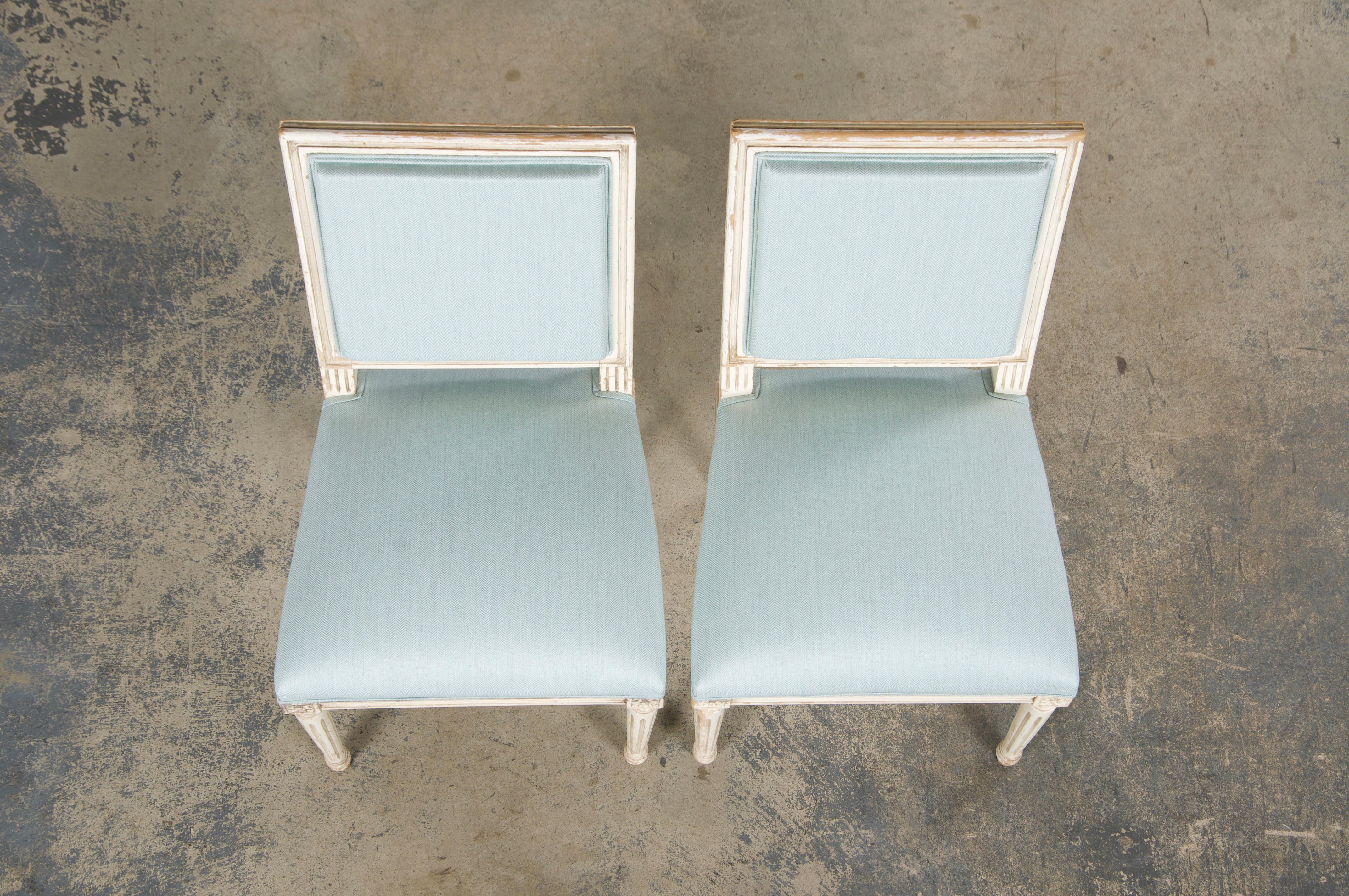Hand-Carved Antique French Louis XVI Painted Accent Chairs in Light Blue - A Pair For Sale