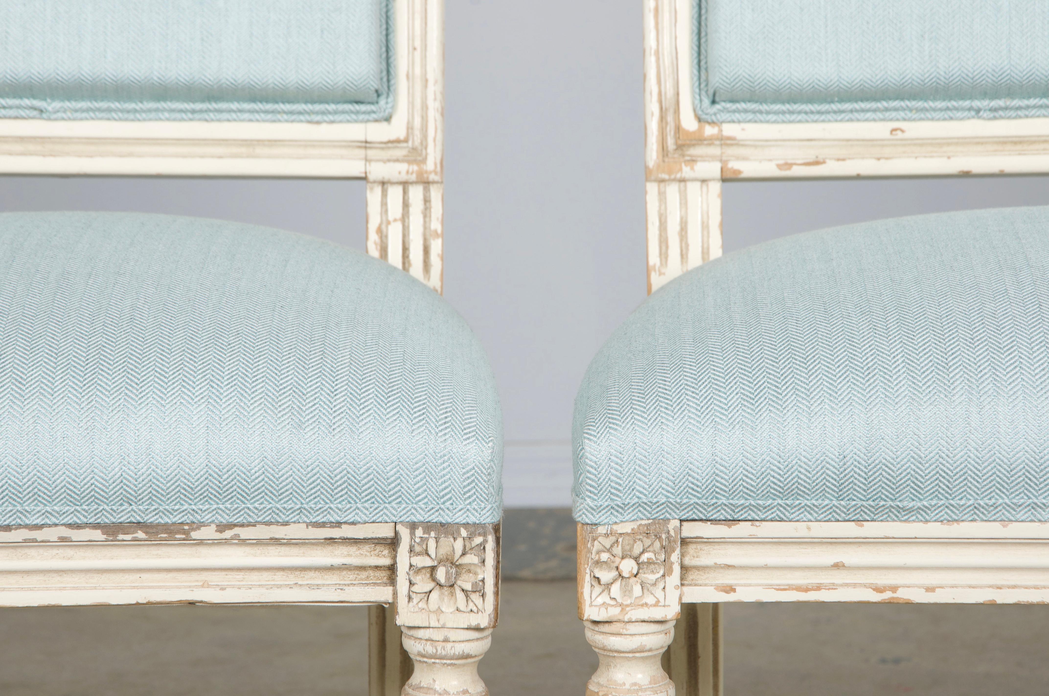 19th Century Antique French Louis XVI Painted Accent Chairs in Light Blue - A Pair For Sale