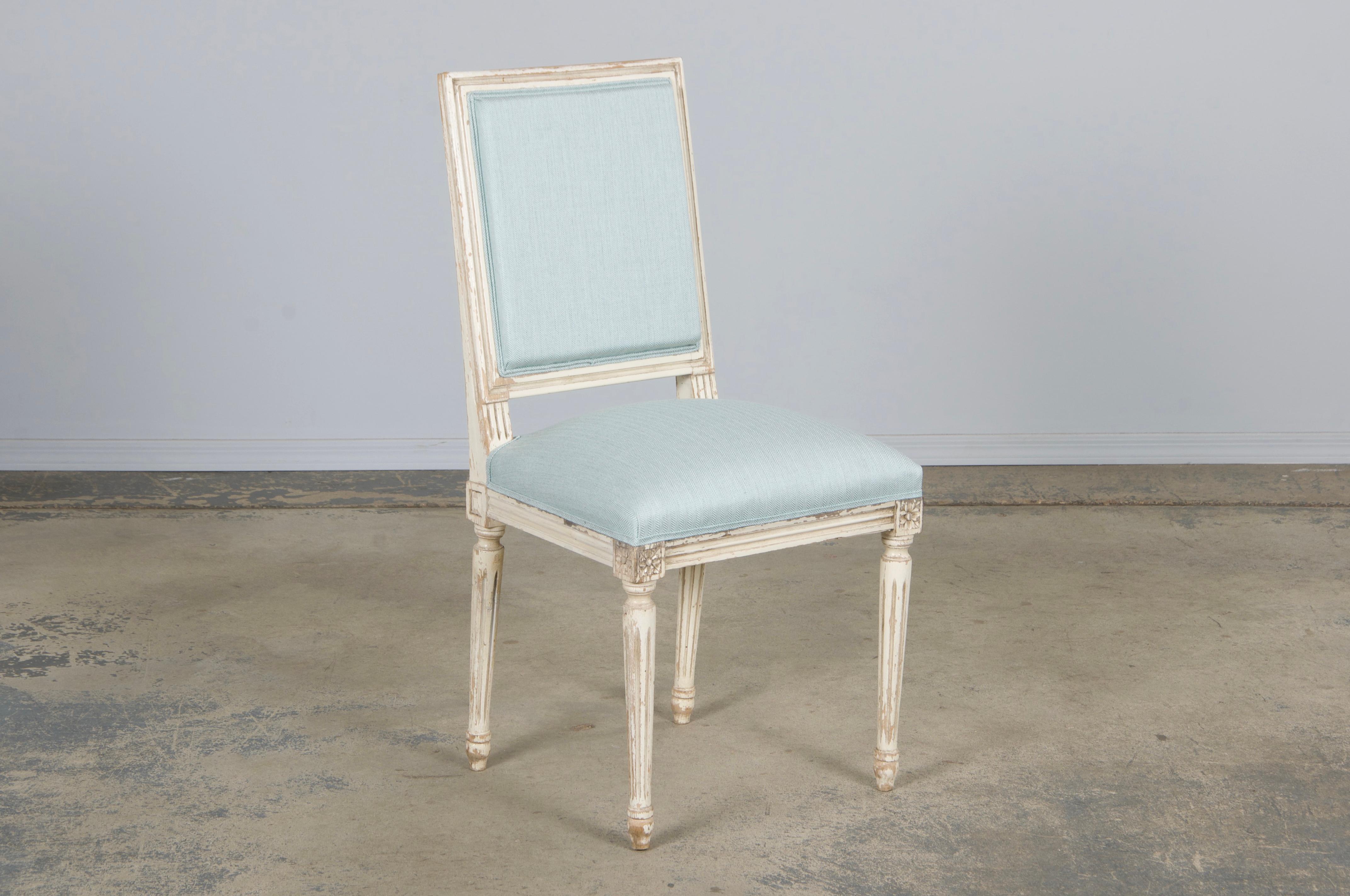 Fabric Antique French Louis XVI Painted Accent Chairs in Light Blue - A Pair For Sale