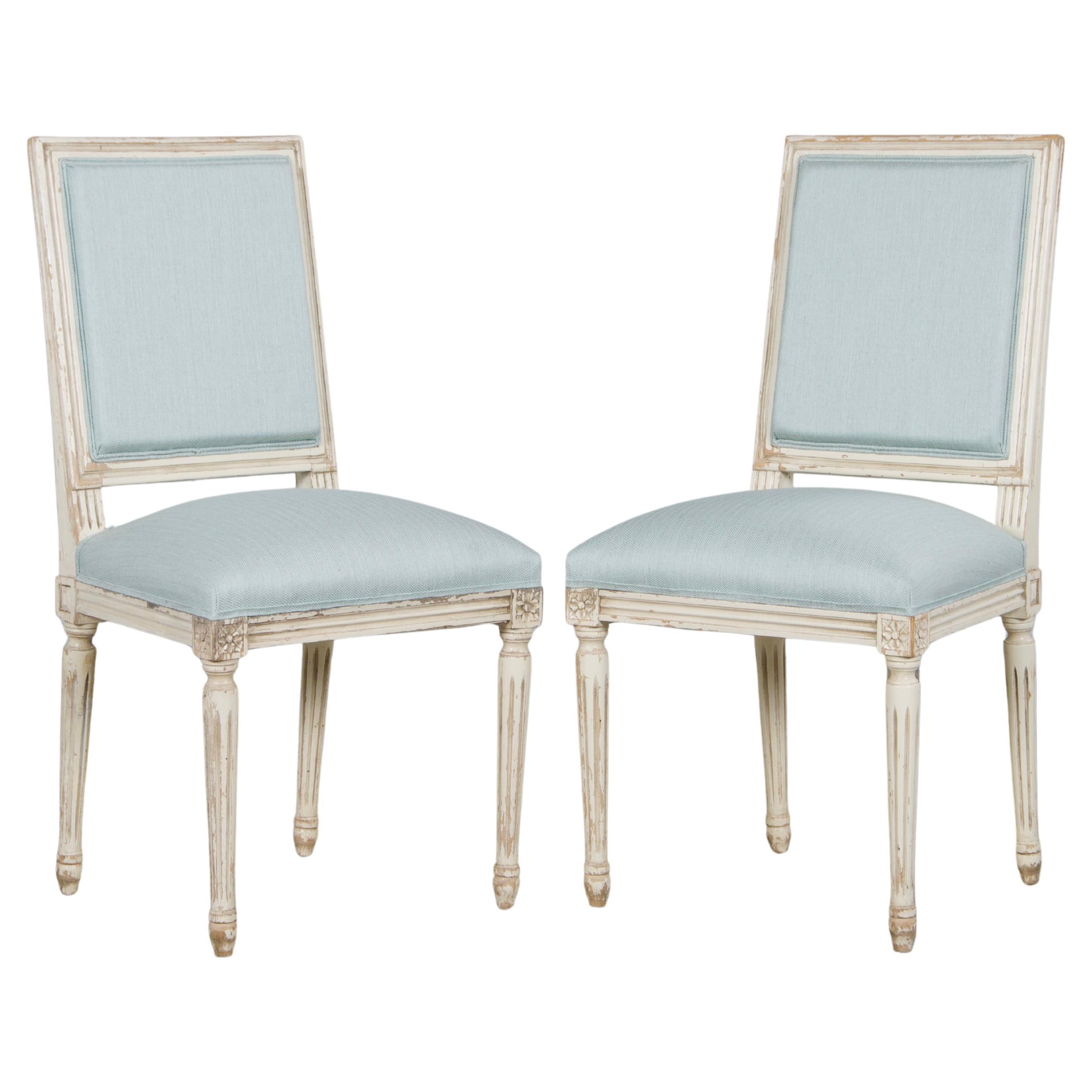 Antique French Louis XVI Painted Accent Chairs in Light Blue - A Pair