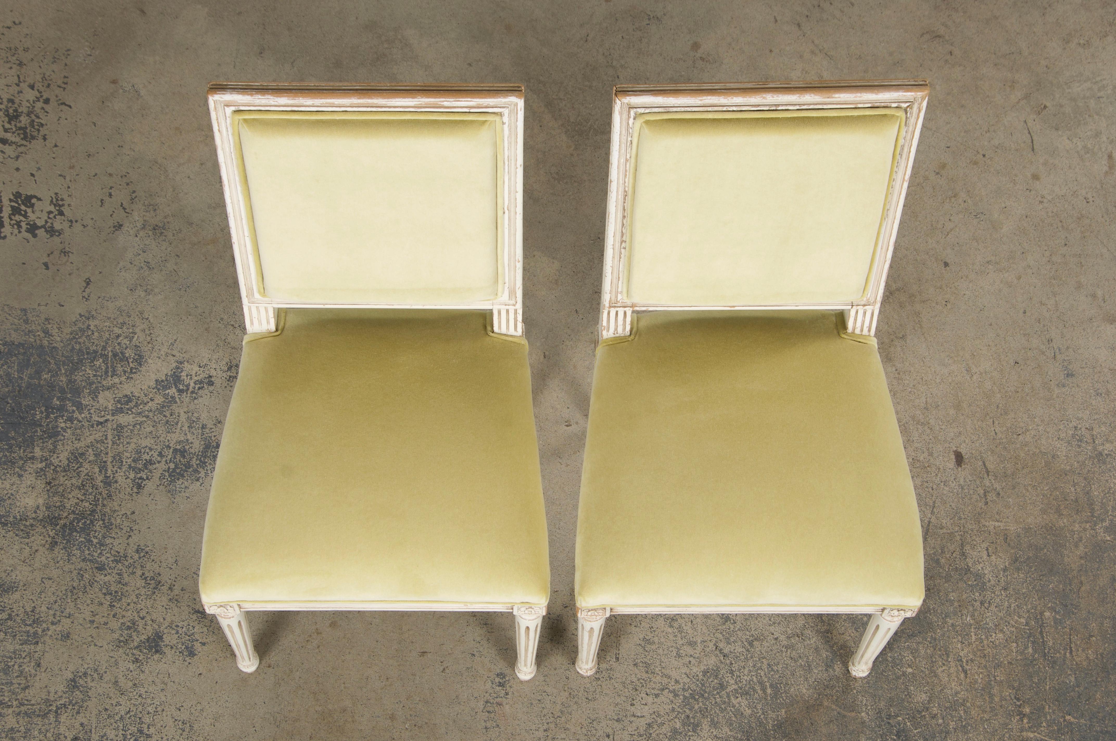 Hand-Carved Antique French Louis XVI Painted Accent Chairs in Light Yellow - A Pair For Sale
