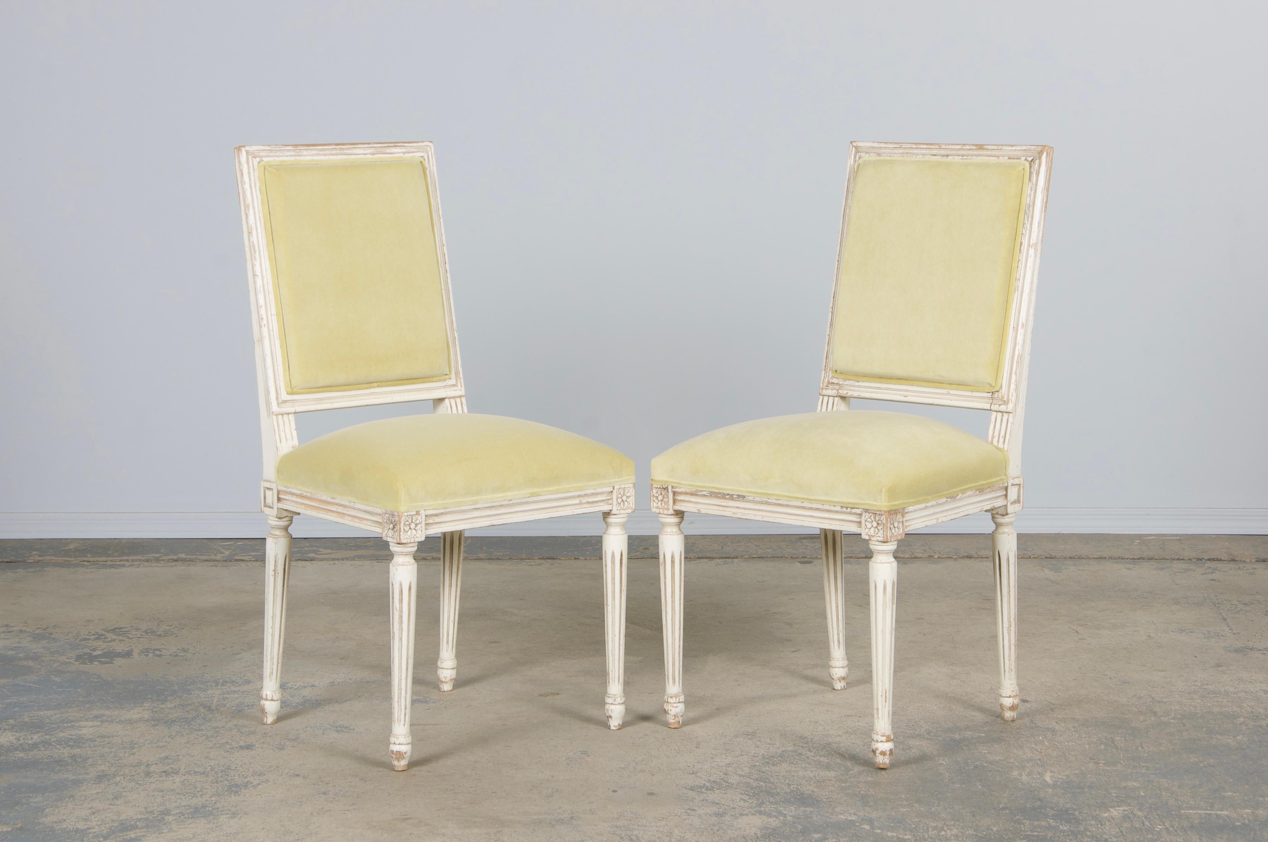 19th Century Antique French Louis XVI Painted Accent Chairs in Light Yellow - A Pair For Sale
