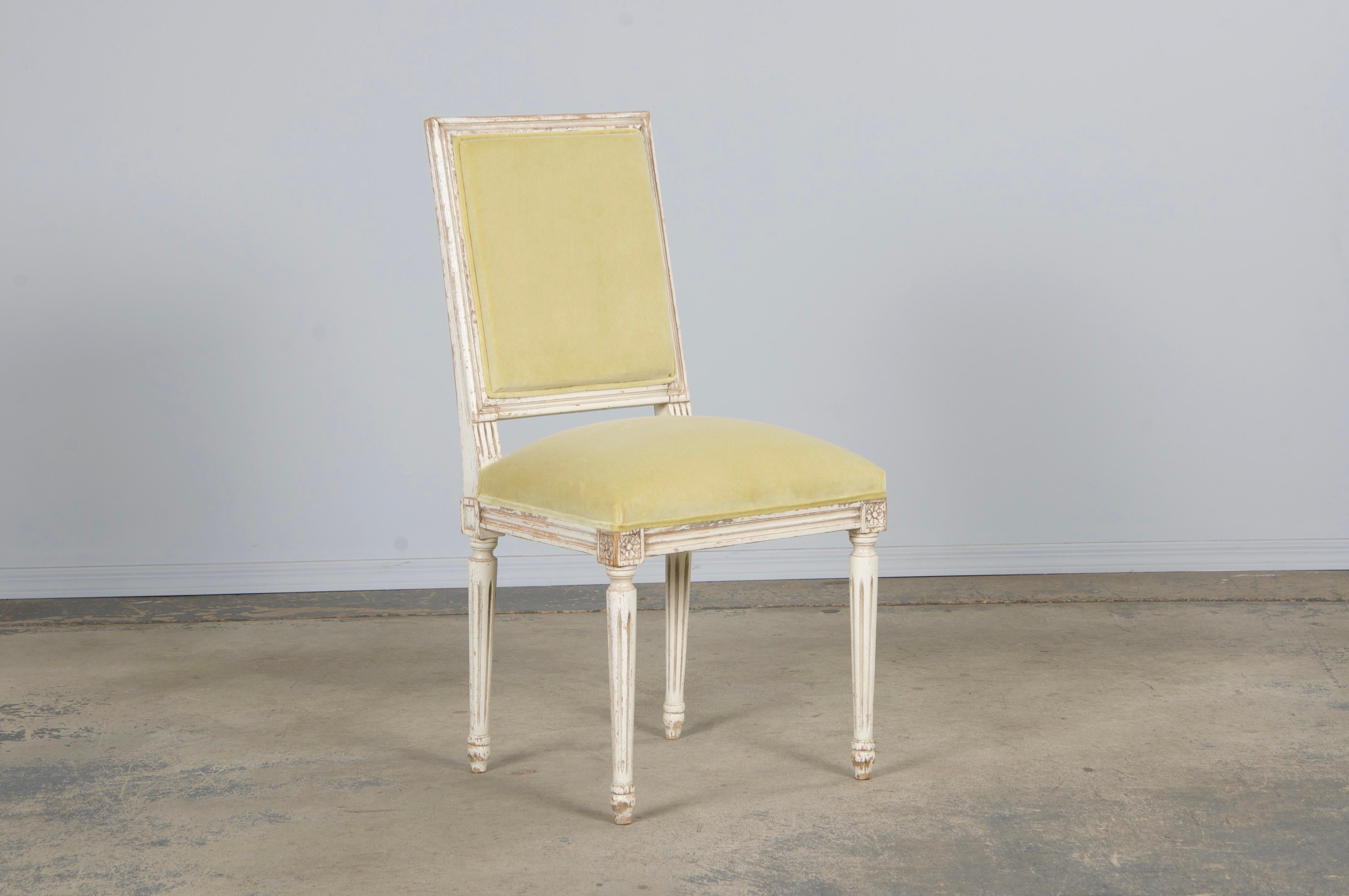 Velvet Antique French Louis XVI Painted Accent Chairs in Light Yellow - A Pair For Sale
