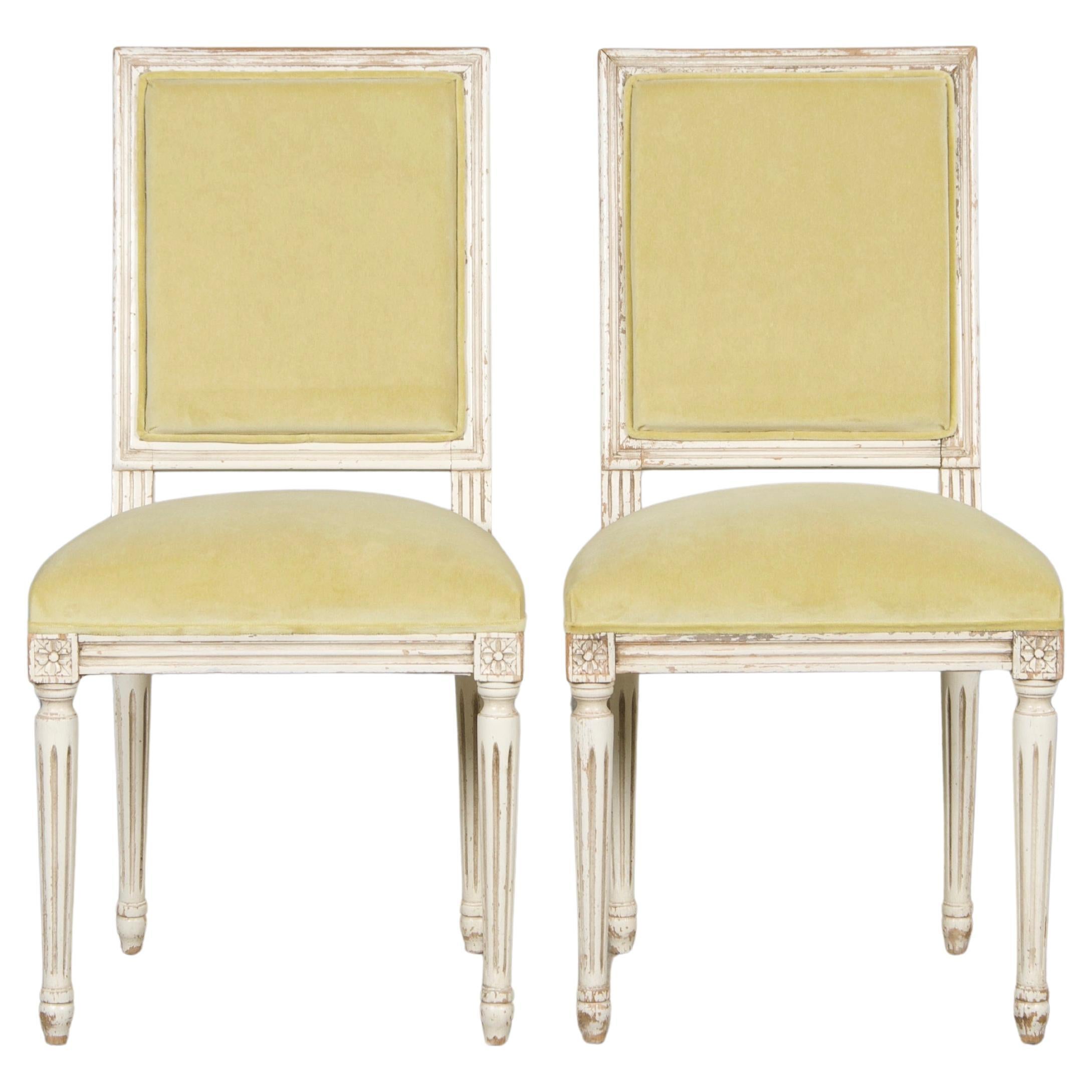 Antique French Louis XVI Painted Accent Chairs in Light Yellow - A Pair