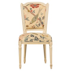 Antique French Louis XVI Painted Accent Side Chair in Beige Chinoiserie Fabric