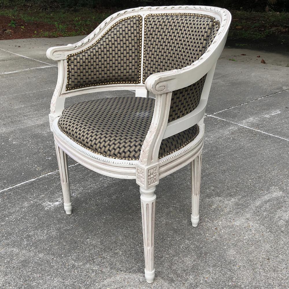 Antique French Louis XVI Painted Armchair ~ Bergere is a great choice anywhere a light, casual effect is desired, with the added benefit of wraparound comfort thanks to the timeless design! Spiral ribbon carvings create a molded detail that