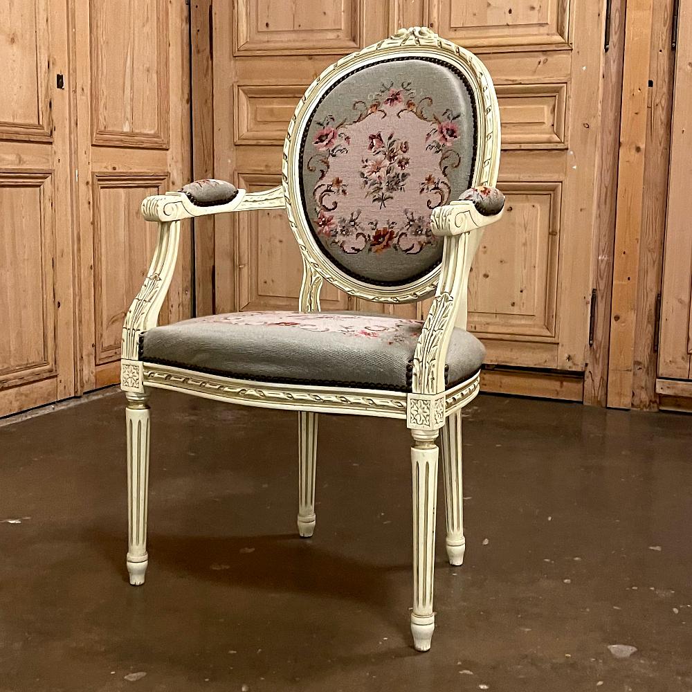 Hand-Carved Antique French Louis XVI Painted Armchair with Needlepoint Tapestry For Sale