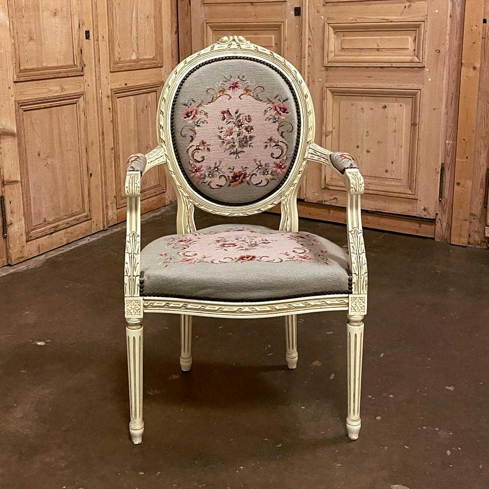 Antique French Louis XVI Painted Armchair with Needlepoint Tapestry In Good Condition For Sale In Dallas, TX