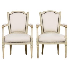 Antique French Louis XVI Painted Armchairs in Off-White Wool - A Pair