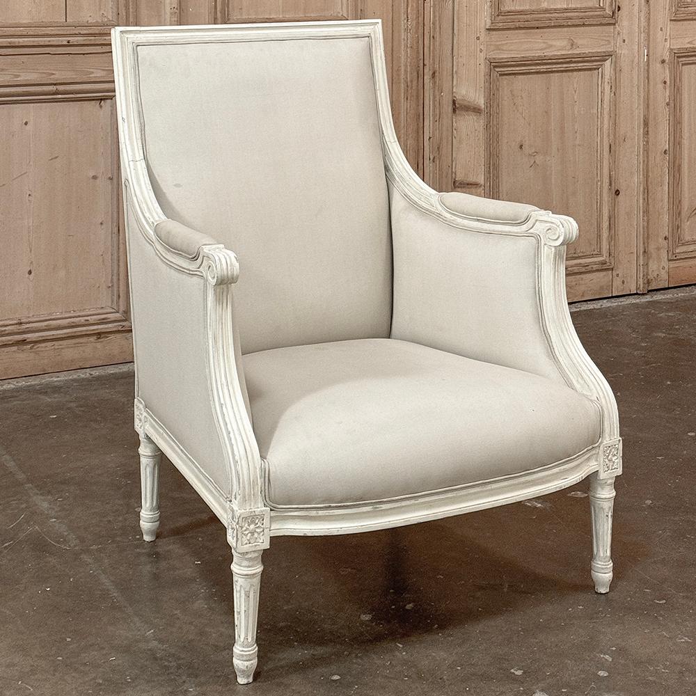 Antique French Louis XVI  Painted Bergere ~ Armchair exudes classic style, creating a timeless effect that will work with both casual and formal decors and provide enjoyment for decades to come!  The canted, rectangular seat back is generously sized
