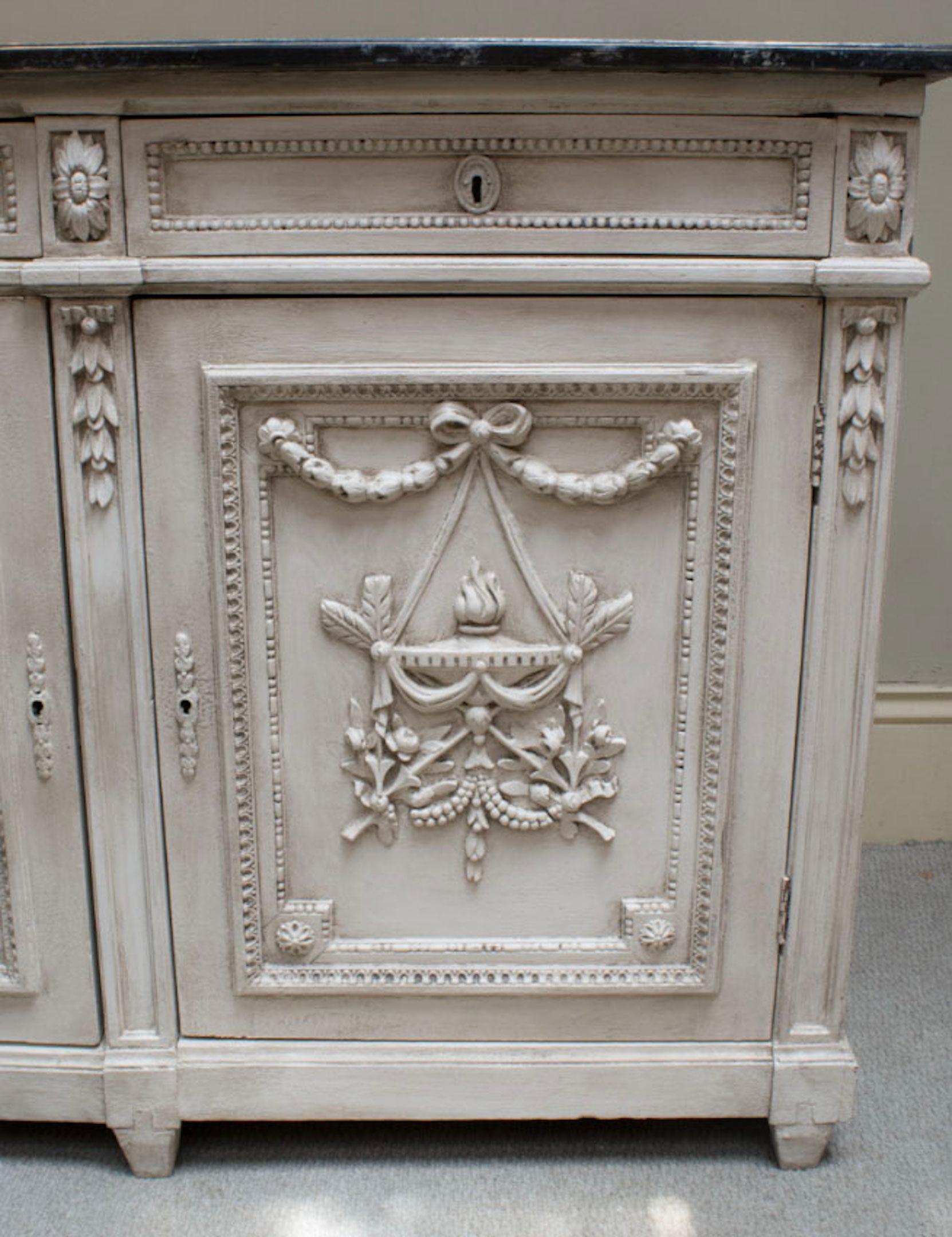 Wood Antique French Louis XVI Painted Buffet with Faux Marble Top