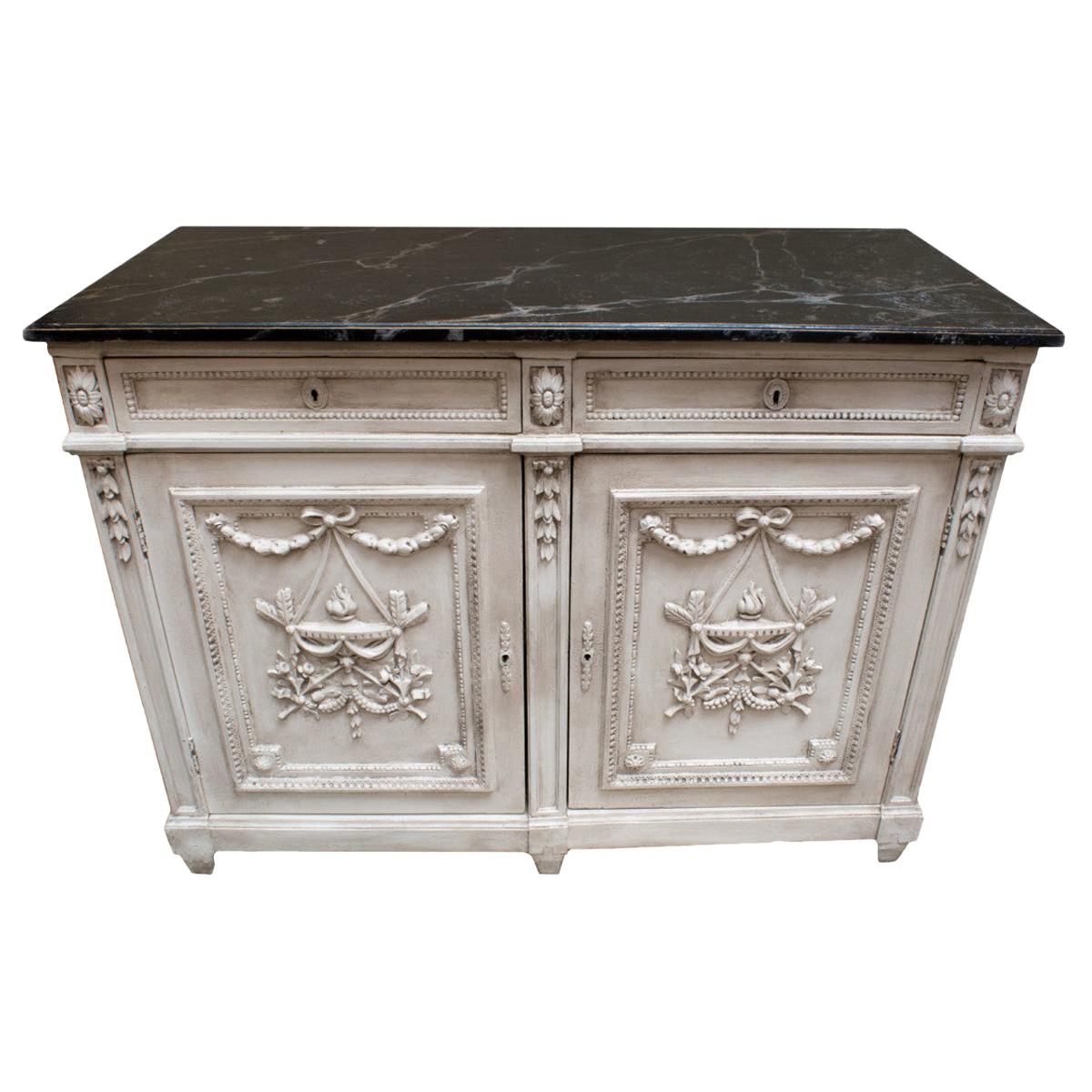 Antique French Louis XVI Painted Buffet with Faux Marble Top