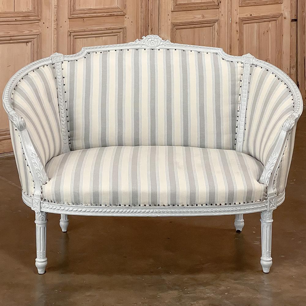 Antique French Louis XVI Painted Canape ~ Chair and a Half is the perfect choice for comfortable reading, a cozy seating group, or as a decorative accent for occasional use! The rounded sides envelope one in comfort, all fully upholstered, and