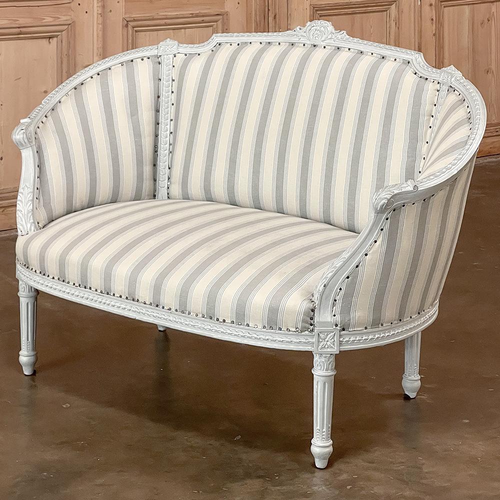 Hand-Carved Antique French Louis XVI Painted Canape, Chair and a Half For Sale