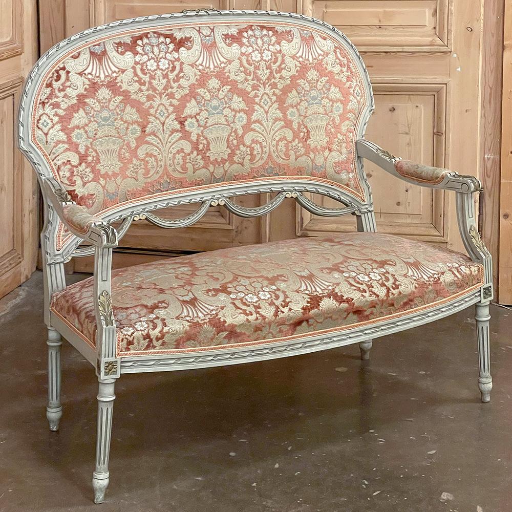 Hand-Carved Antique French Louis XVI Painted Canape ~ Settee For Sale
