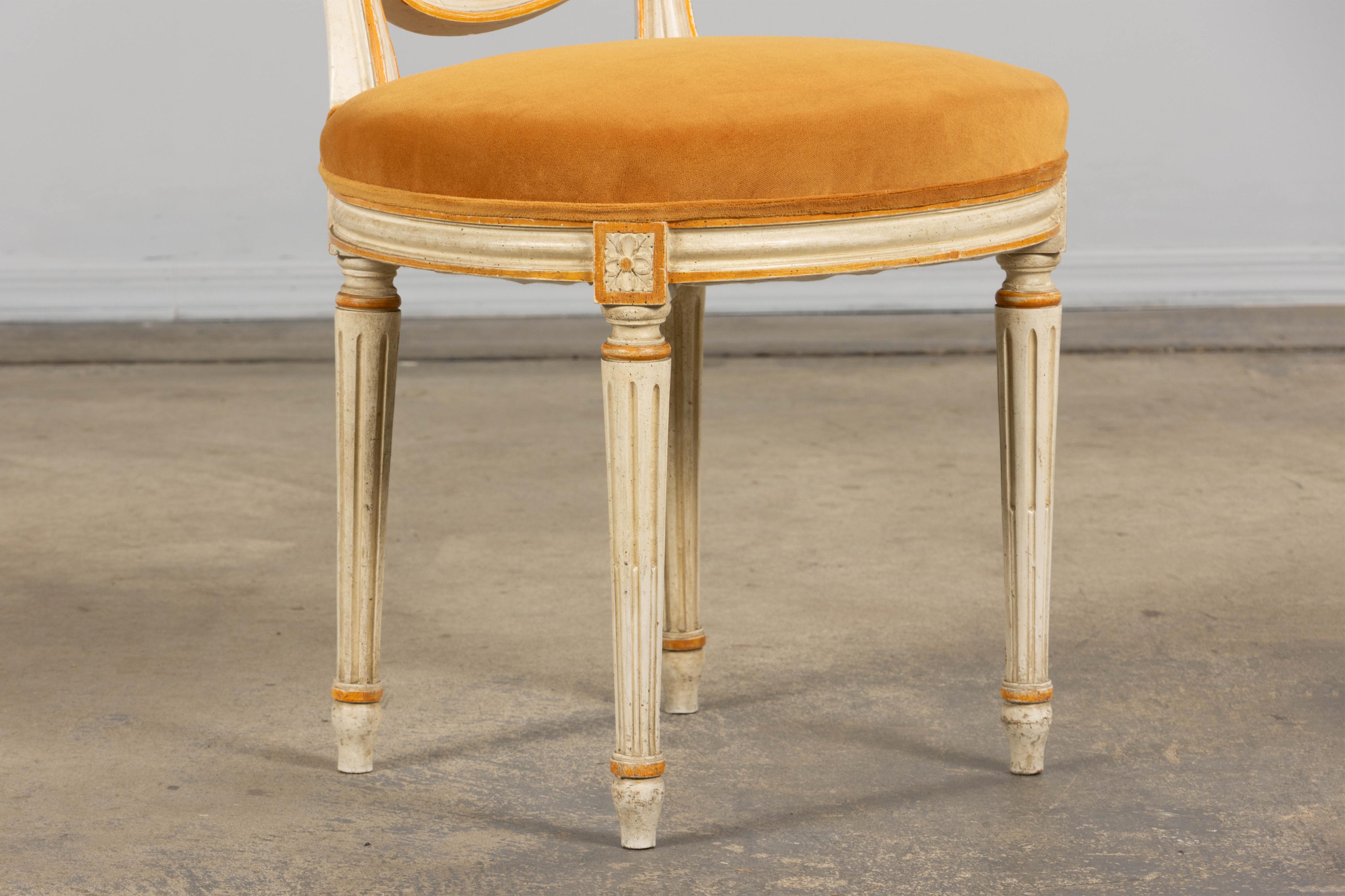 Antique French Louis XVI Painted Cane Back Accent Side Chairs W/ Marigold Velvet For Sale 5