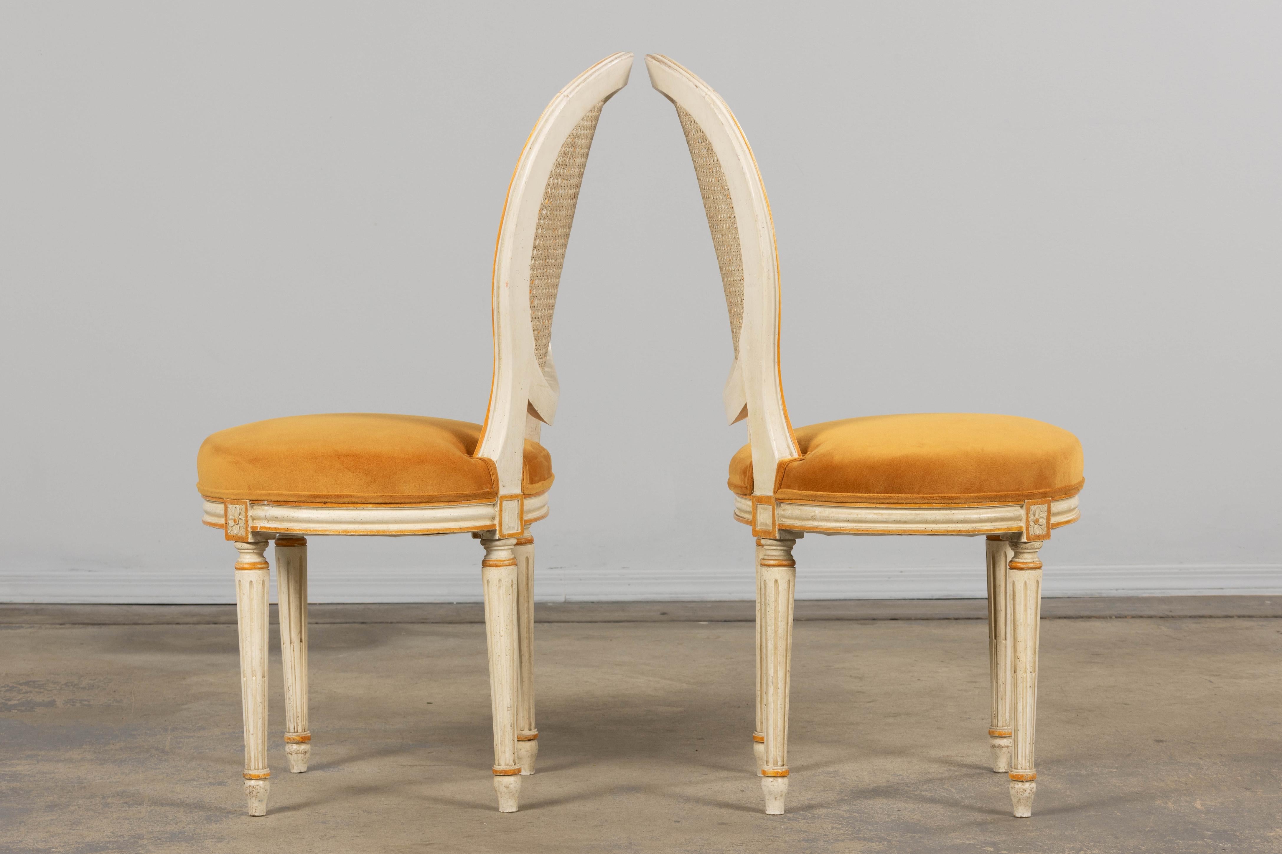 Antique French Louis XVI Painted Cane Back Accent Side Chairs W/ Marigold Velvet For Sale 7