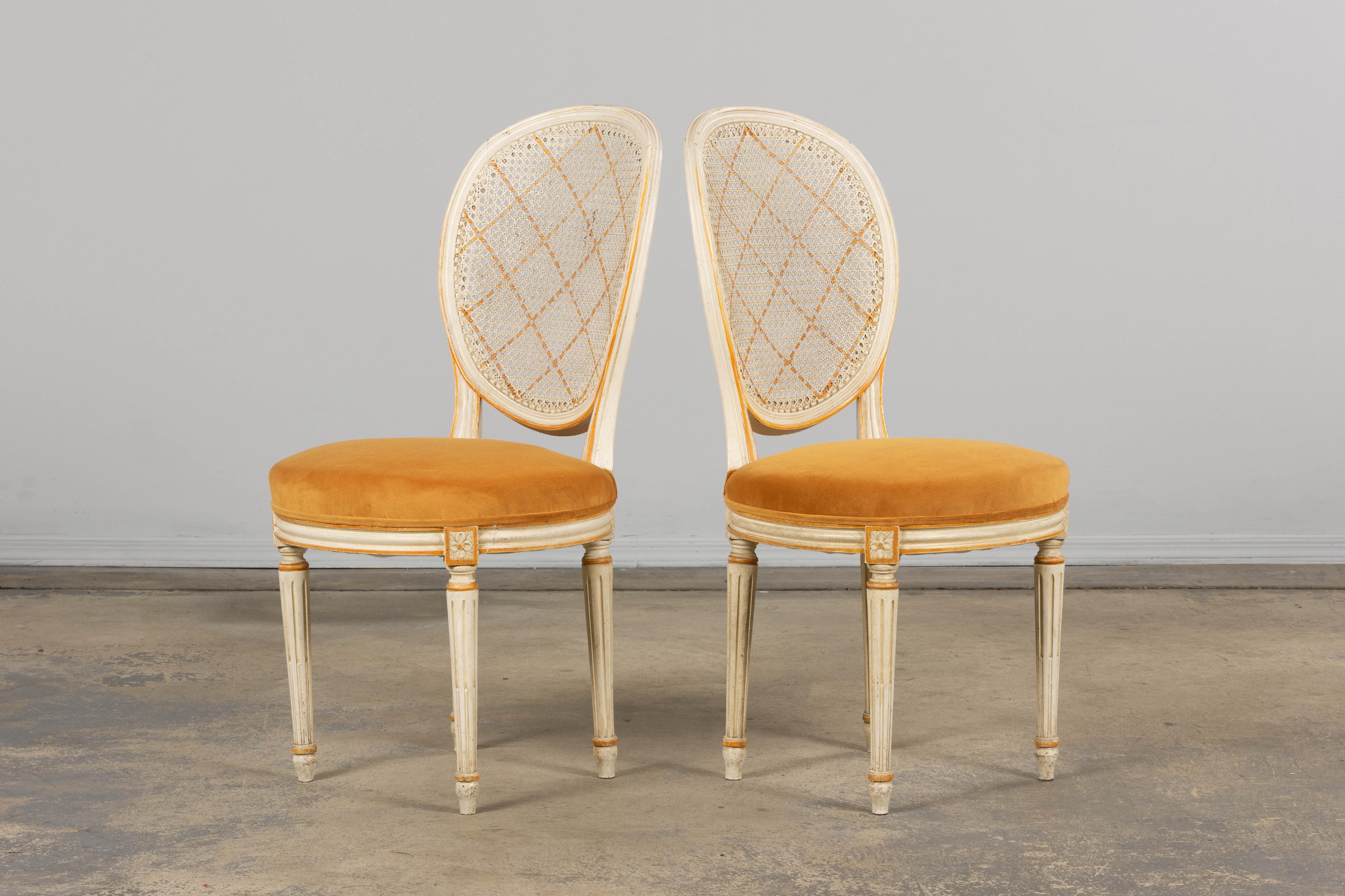 Antique French Louis XVI Painted Cane Back Accent Side Chairs W/ Marigold Velvet For Sale 8