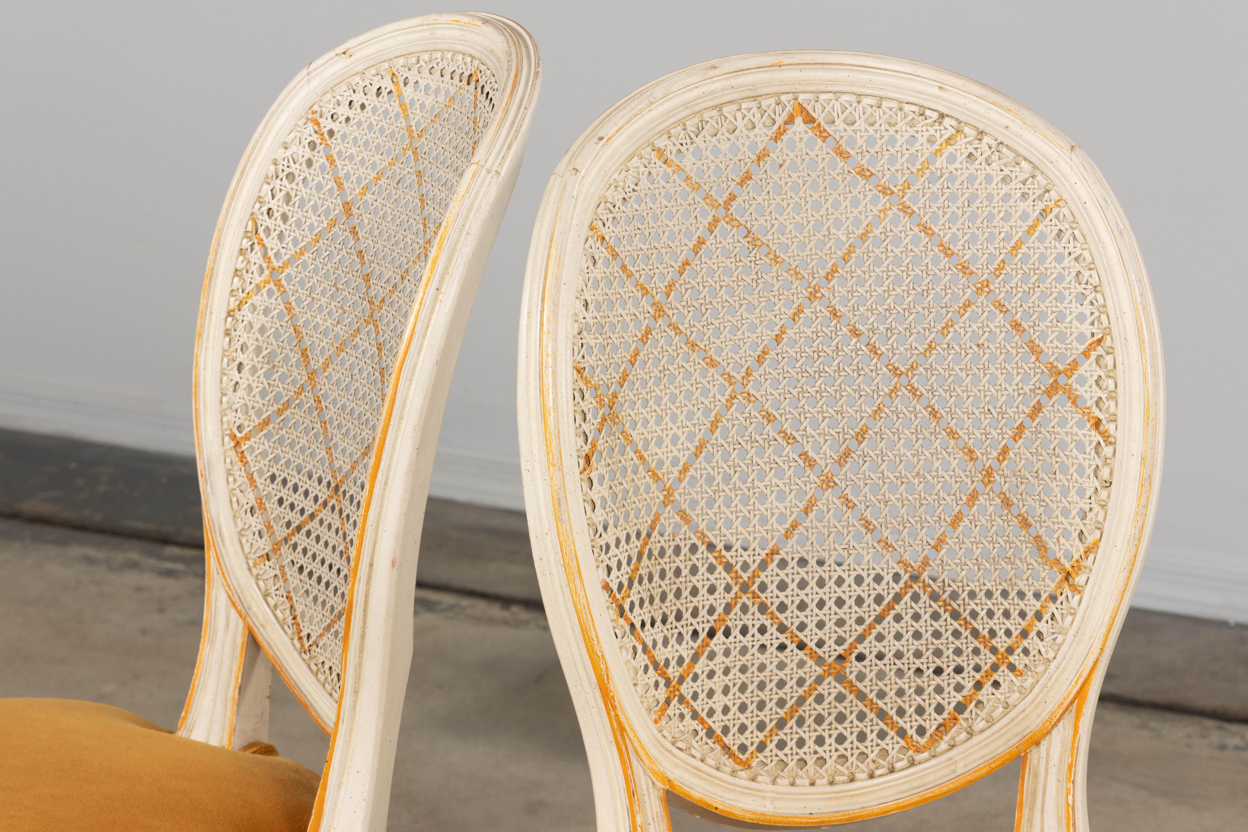 Antique French Louis XVI Painted Cane Back Accent Side Chairs W/ Marigold Velvet For Sale 9