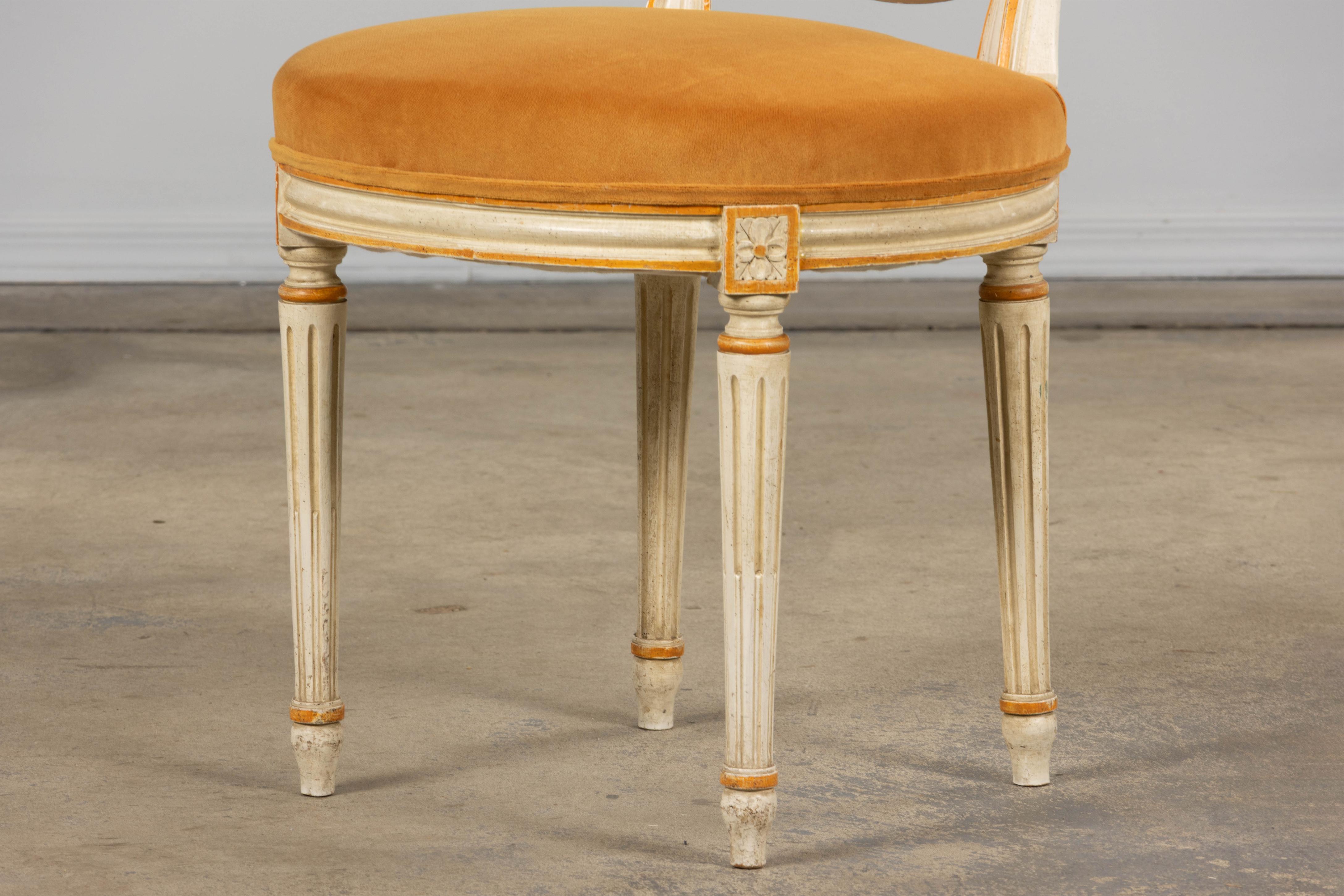 Antique French Louis XVI Painted Cane Back Accent Side Chairs W/ Marigold Velvet For Sale 10