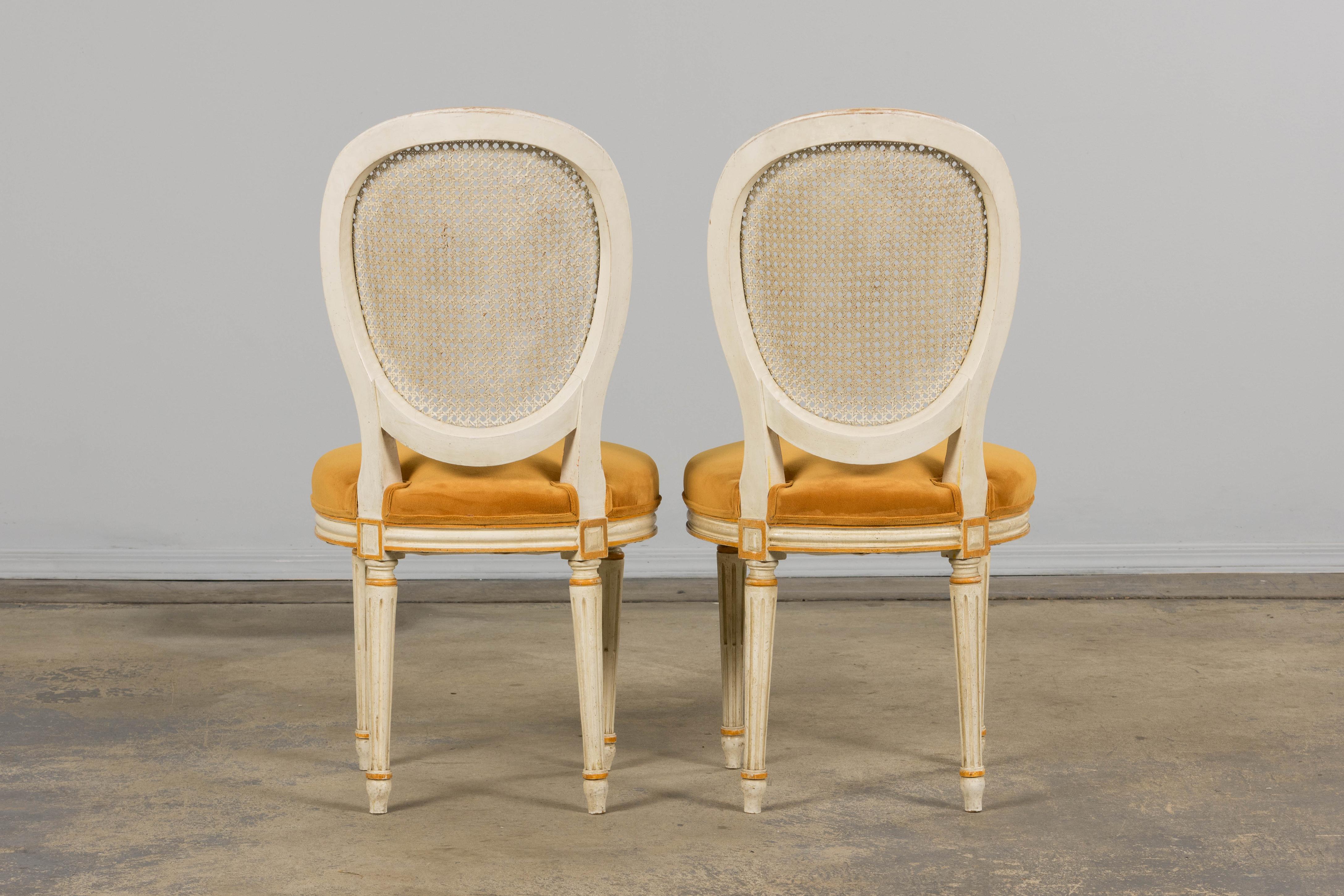 Antique French Louis XVI Painted Cane Back Accent Side Chairs W/ Marigold Velvet For Sale 12