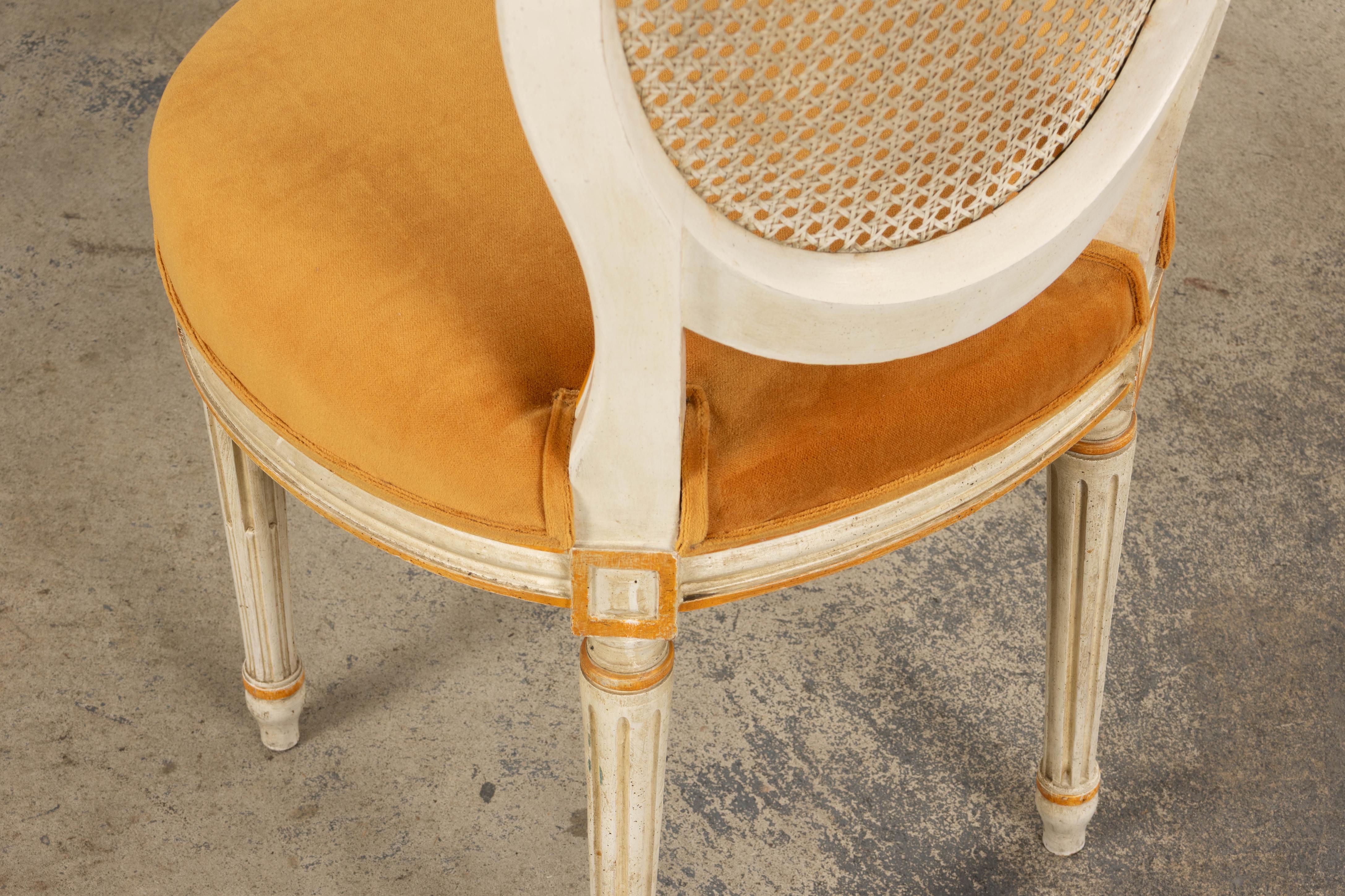 Antique French Louis XVI Painted Cane Back Accent Side Chairs W/ Marigold Velvet For Sale 13
