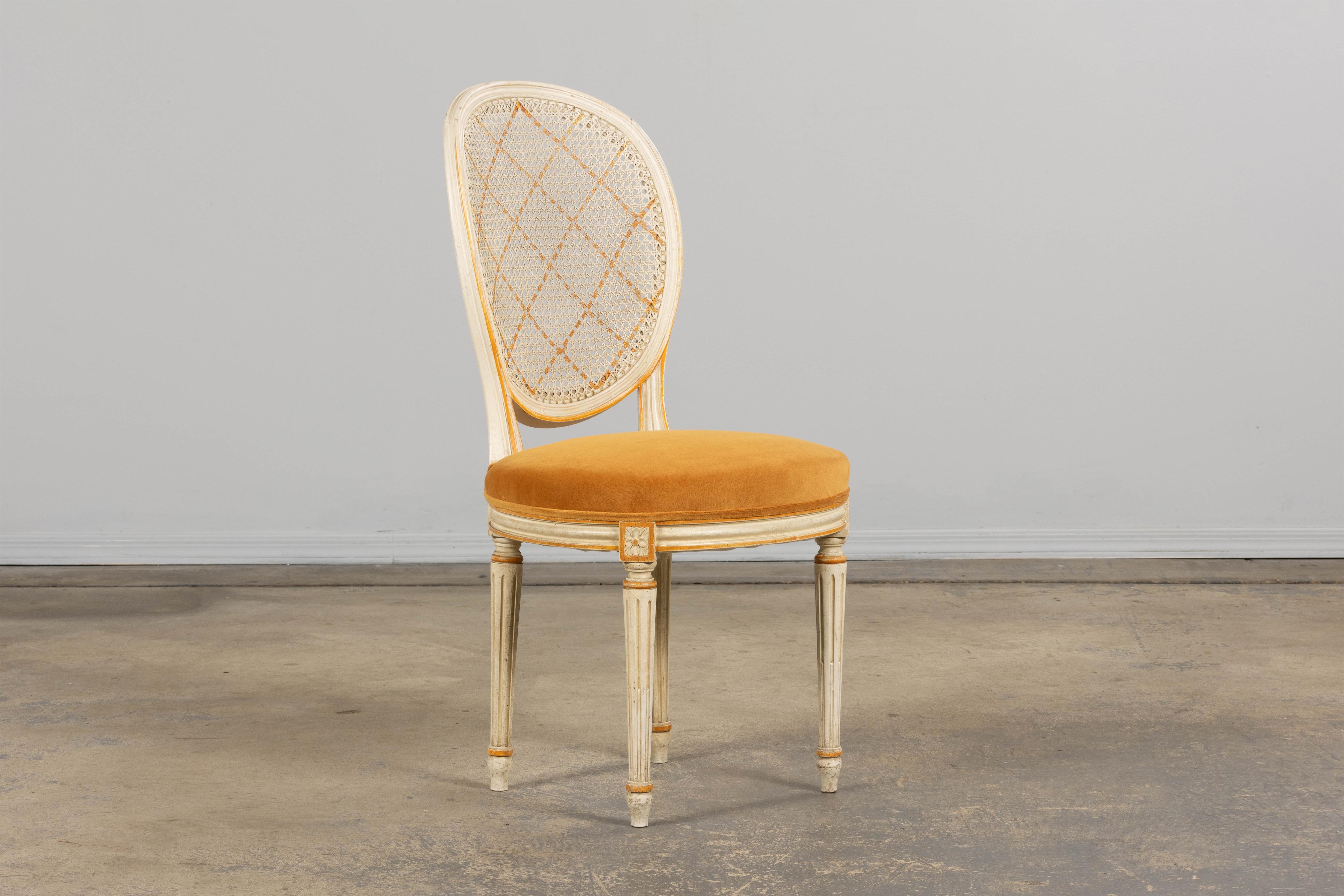 Antique French Louis XVI Painted Cane Back Accent Side Chairs W/ Marigold Velvet For Sale 1