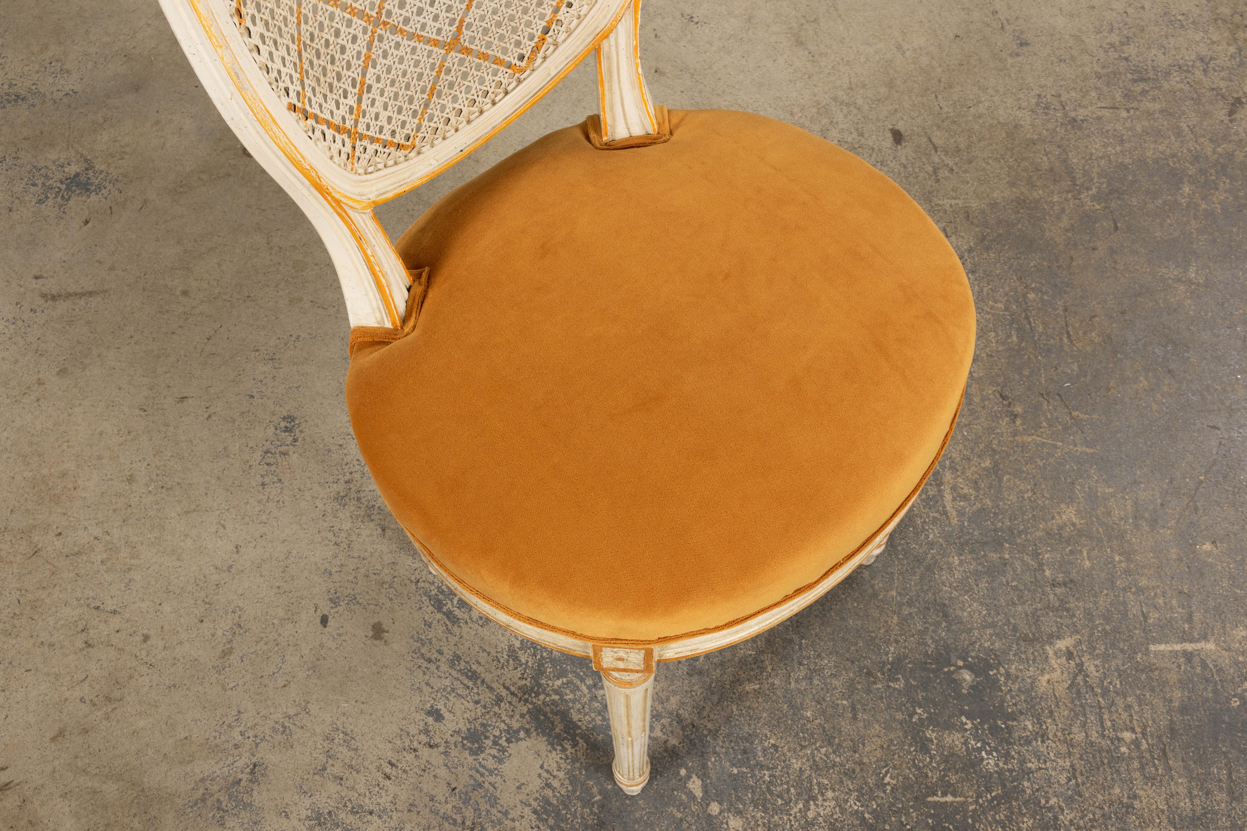Antique French Louis XVI Painted Cane Back Accent Side Chairs W/ Marigold Velvet For Sale 3
