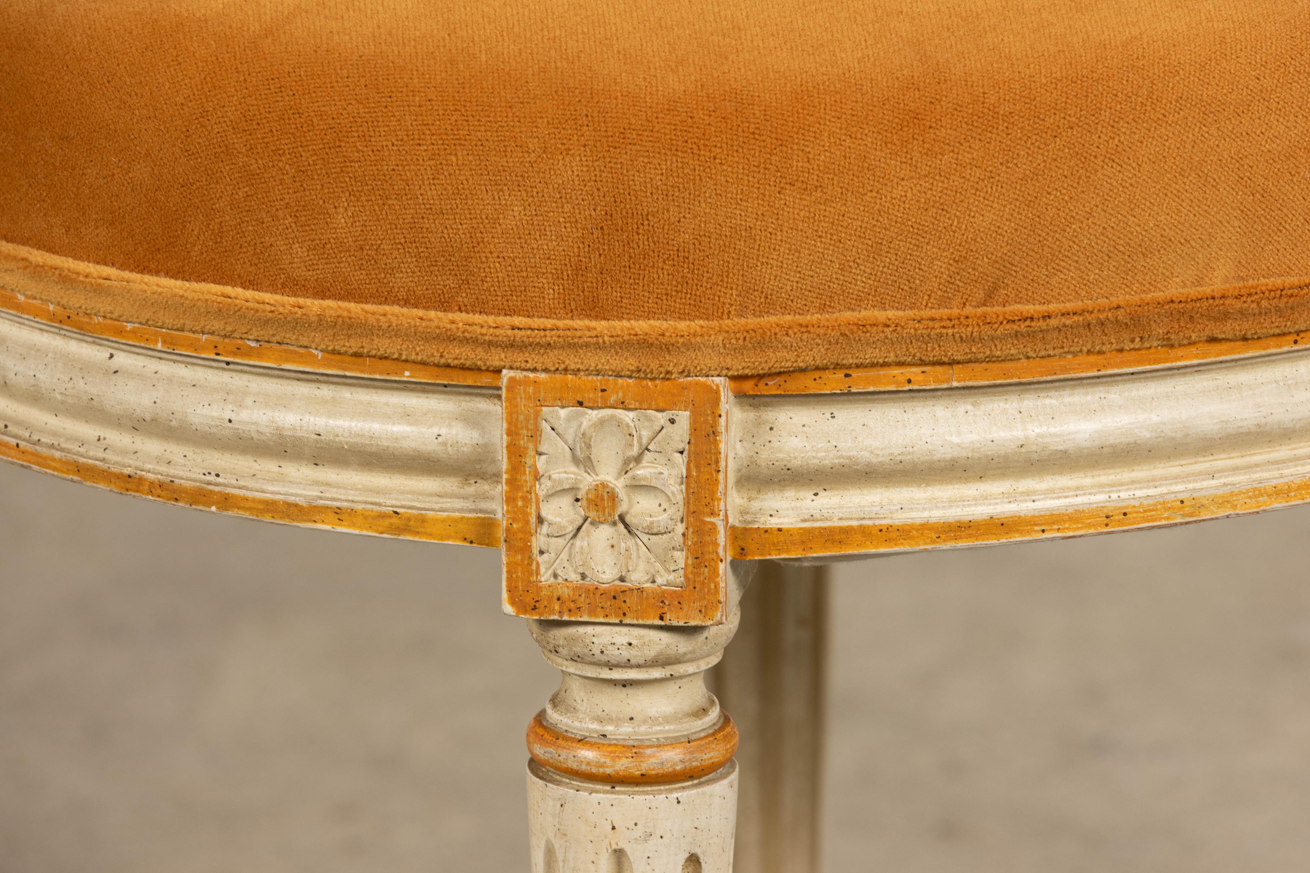 Antique French Louis XVI Painted Cane Back Accent Side Chairs W/ Marigold Velvet For Sale 4