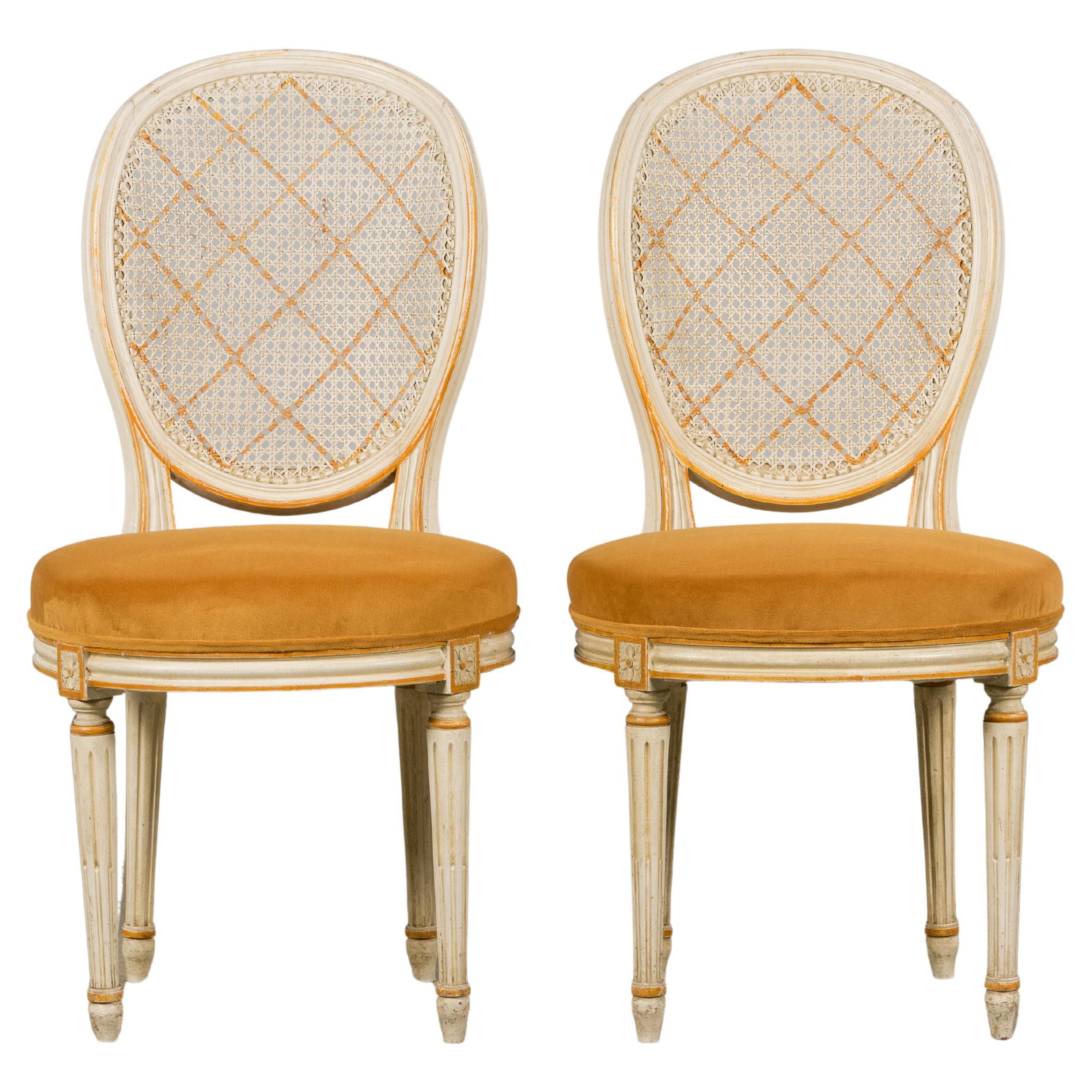 Antique French Louis XVI Painted Cane Back Accent Side Chairs W/ Marigold Velvet For Sale