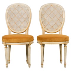 Antique French Louis XVI Painted Cane Back Accent Side Chairs W/ Marigold Velvet