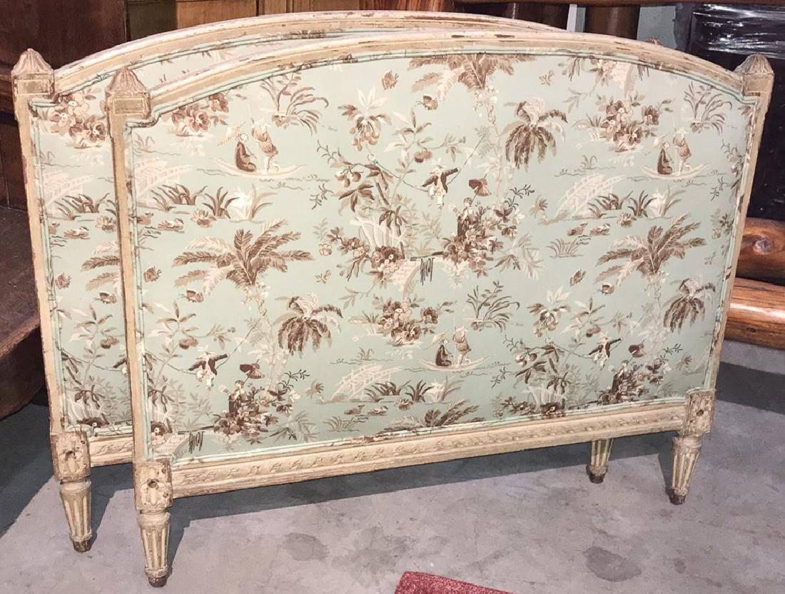 Wonderful quality antique French, Louis XVI style painted bed with high-end silk Oriental motif upholstery. Complete with side rails.