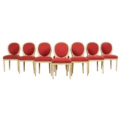 Antique French Luigi XVI  Sedie da pranzo dipinte in velluto lampone - Set di 8