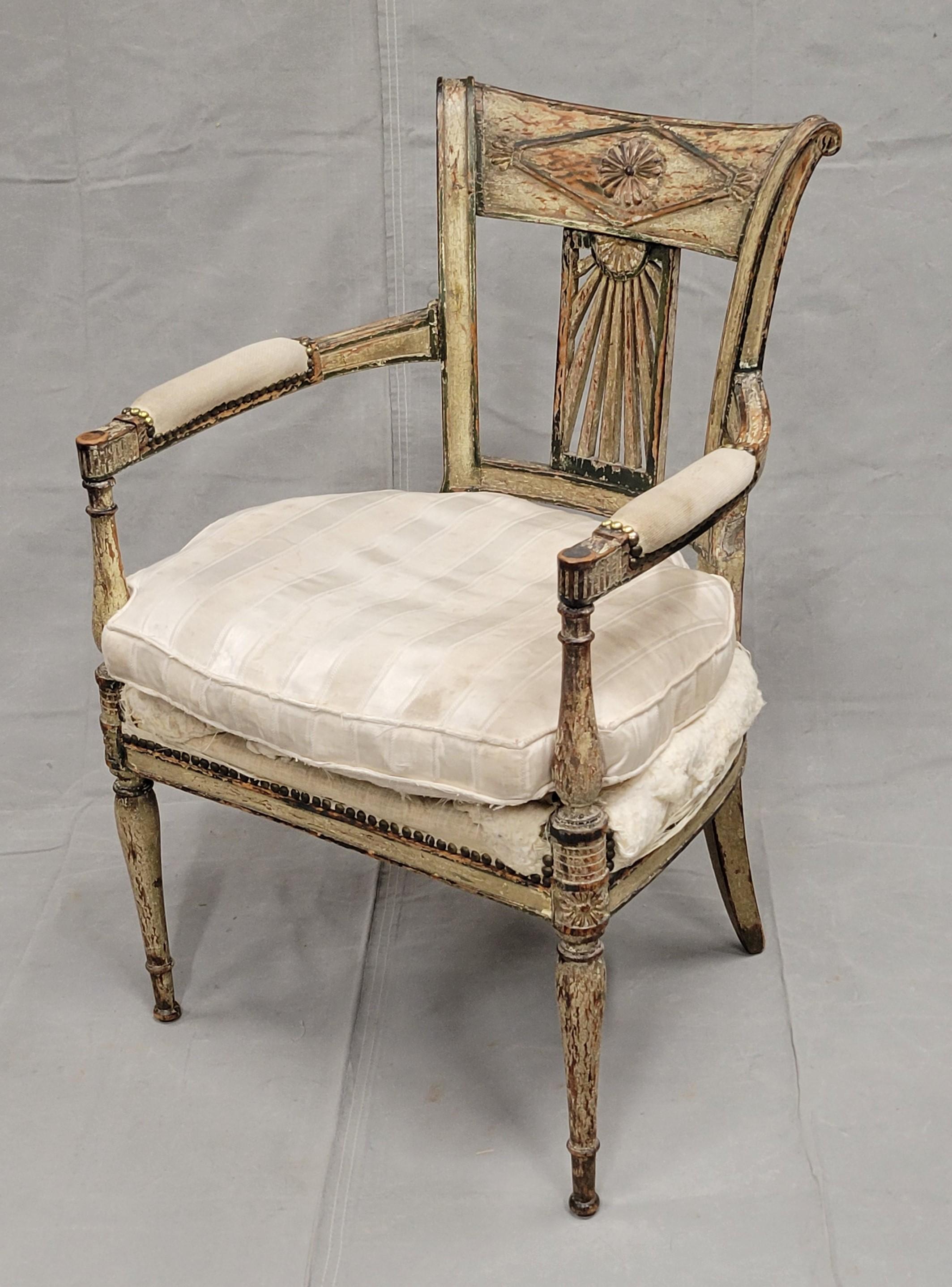 Brass Antique Maison Jansen Style French Louis XVI Painted Fauteuil Chairs - a Pair For Sale