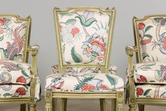 Antique French Louis XVI Painted Green Dining Chairs in Floral Fabric- Set of 6