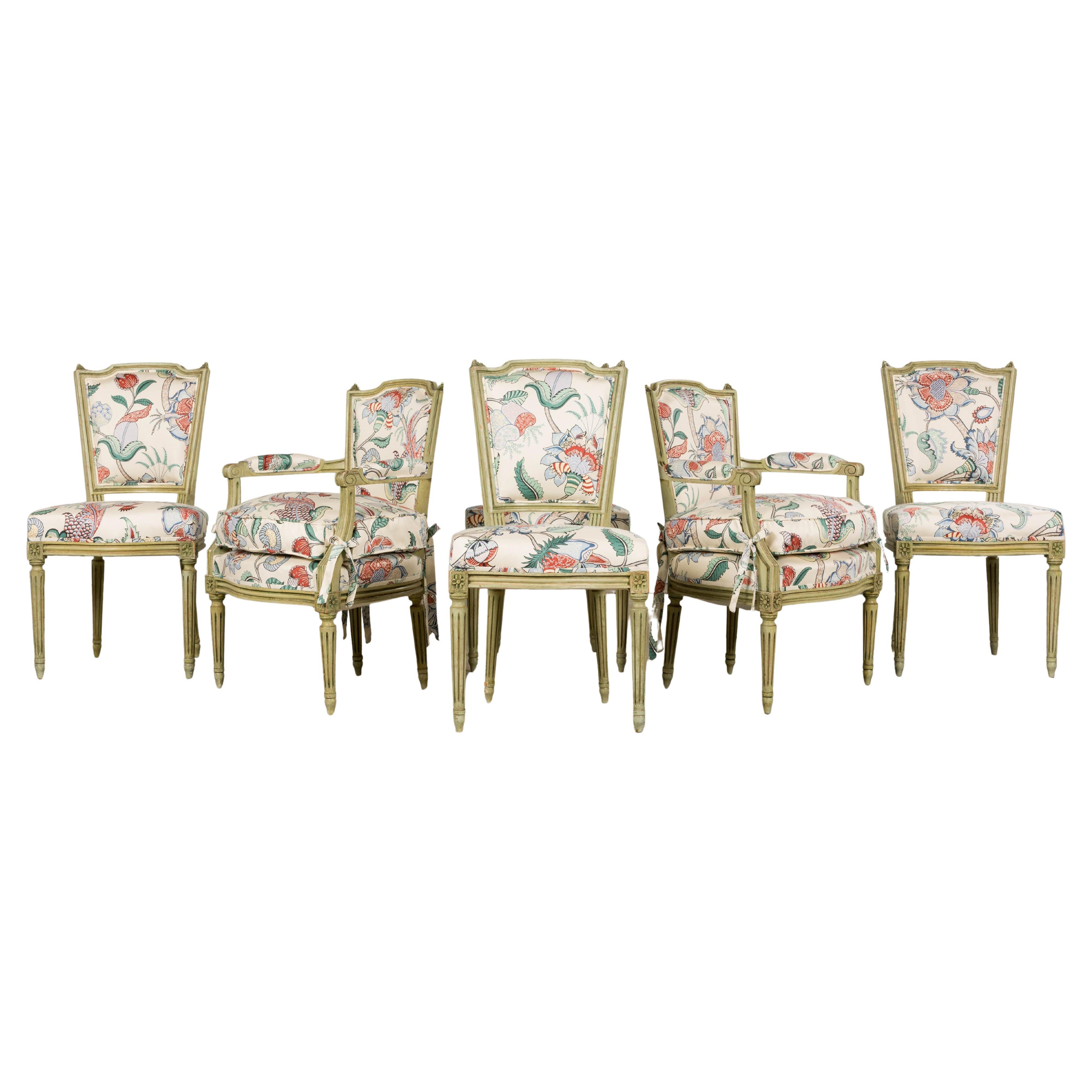 Antique French Louis XVI Painted Green Dining Chairs in Floral Fabric- Set of 6 in vendita