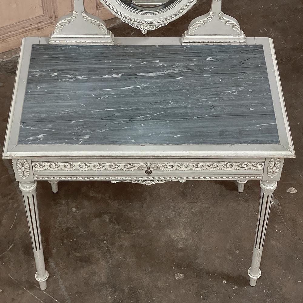 Hardwood Antique French Louis XVI Painted Marble Top Vanity For Sale