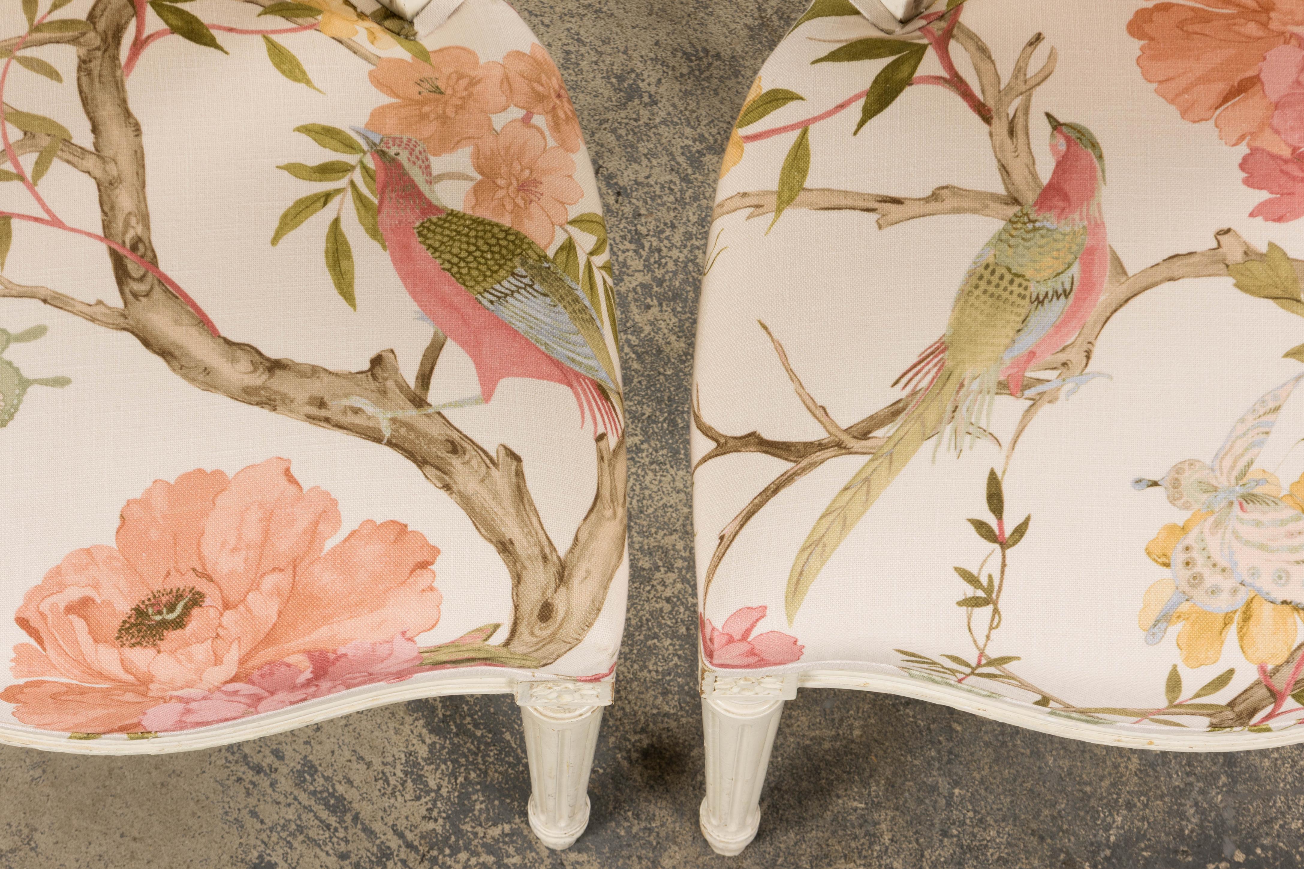 19th Century Antique French Louis XVI Painted Side Chairs in Pink Chinoiseries Fabric- A Pair For Sale