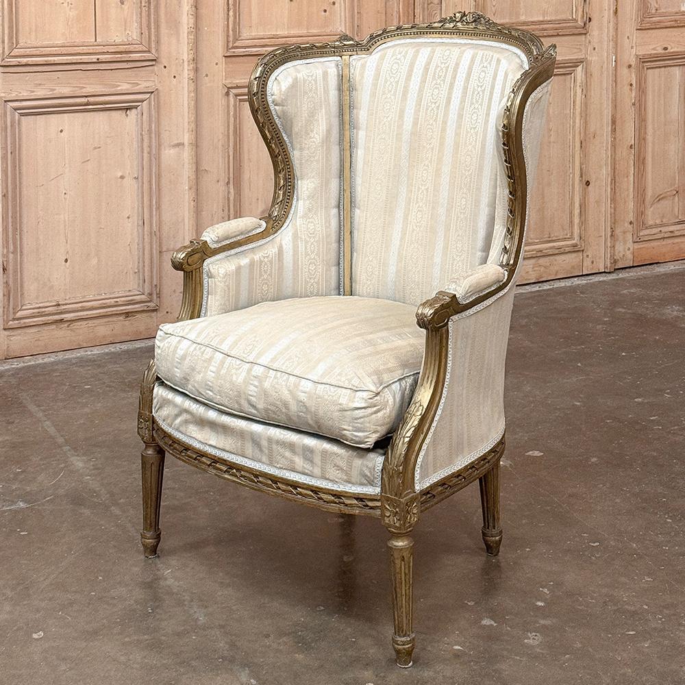 Antique French Louis XVI Painted Wingback Bergere ~ Armchair represents the dawn of comfort in luxurious seating fit for a king!  The generous seat back is conjoined with two sides that flare out subtly and are contoured so that drafts are blocked. 