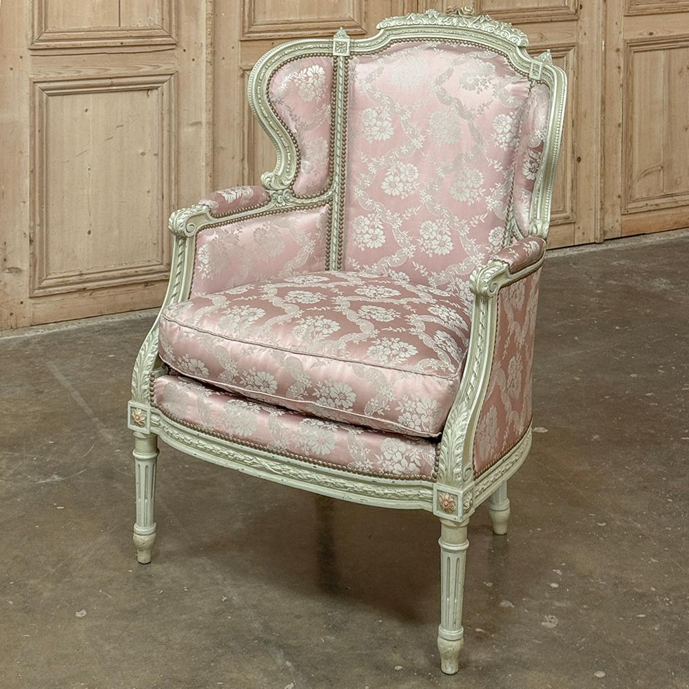 Antique French Louis XVI Painted Wingback Bergere ~ Armchair represents the dawn of comfort in luxurious seating fit for a king!  The generous seat back is conjoined with two sides that flare out subtly and are contoured so that drafts are blocked. 