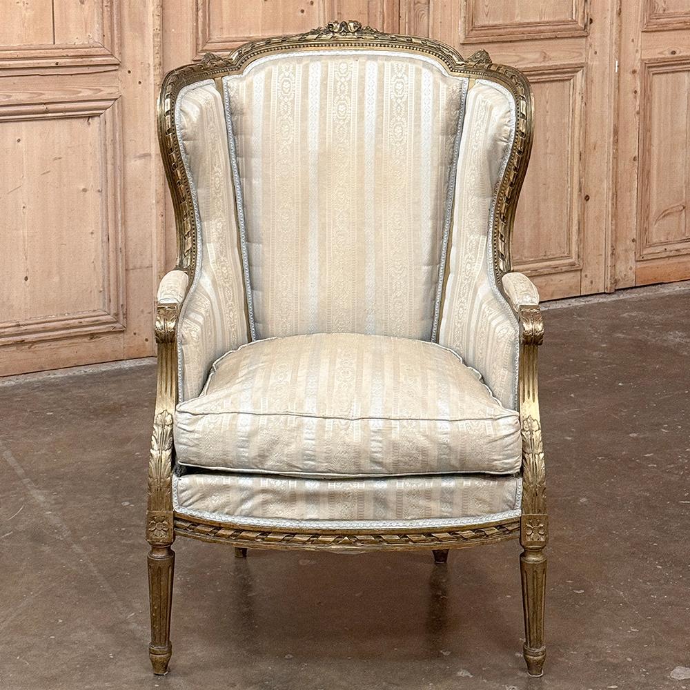Hand-Carved Antique French Louis XVI Painted Wingback Bergere ~ Armchair For Sale