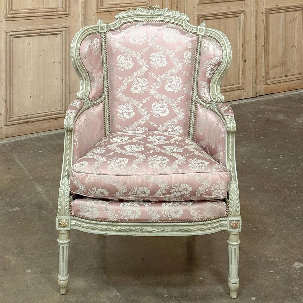 Hand-Carved Antique French Louis XVI Painted Wingback Bergere ~ Armchair For Sale