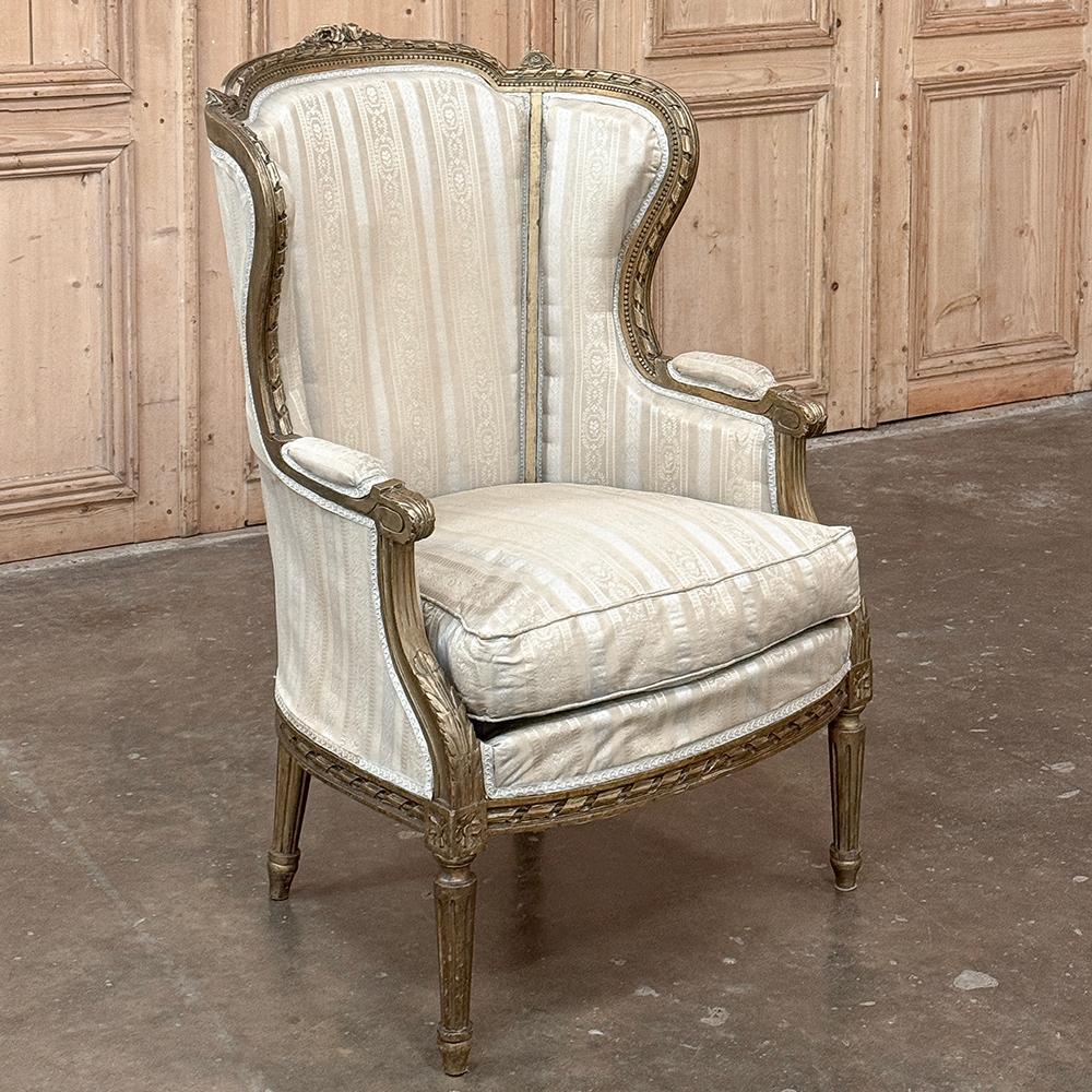 Antique French Louis XVI Painted Wingback Bergere ~ Armchair In Good Condition For Sale In Dallas, TX