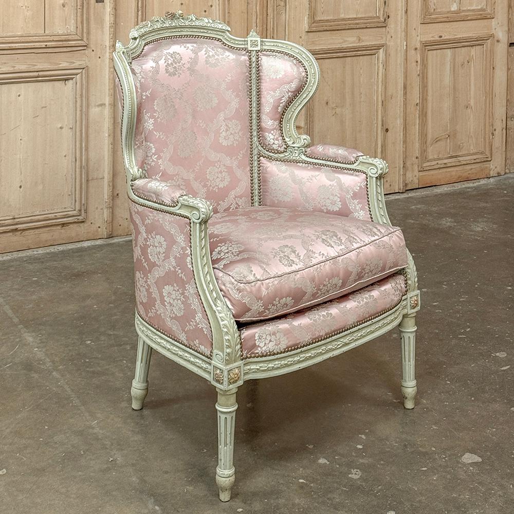 Antique French Louis XVI Painted Wingback Bergere ~ Armchair In Good Condition For Sale In Dallas, TX