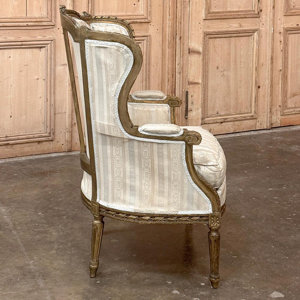 Silk Antique French Louis XVI Painted Wingback Bergere ~ Armchair For Sale