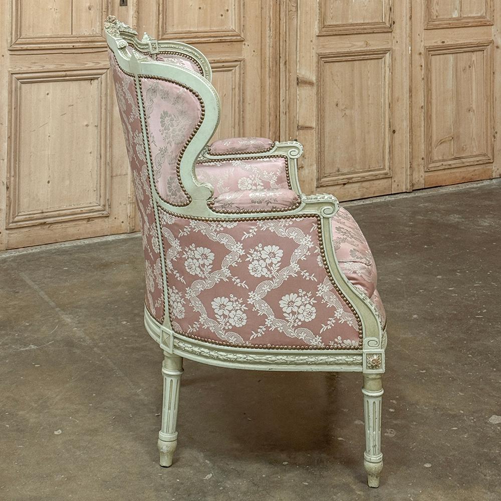 Silk Antique French Louis XVI Painted Wingback Bergere ~ Armchair For Sale