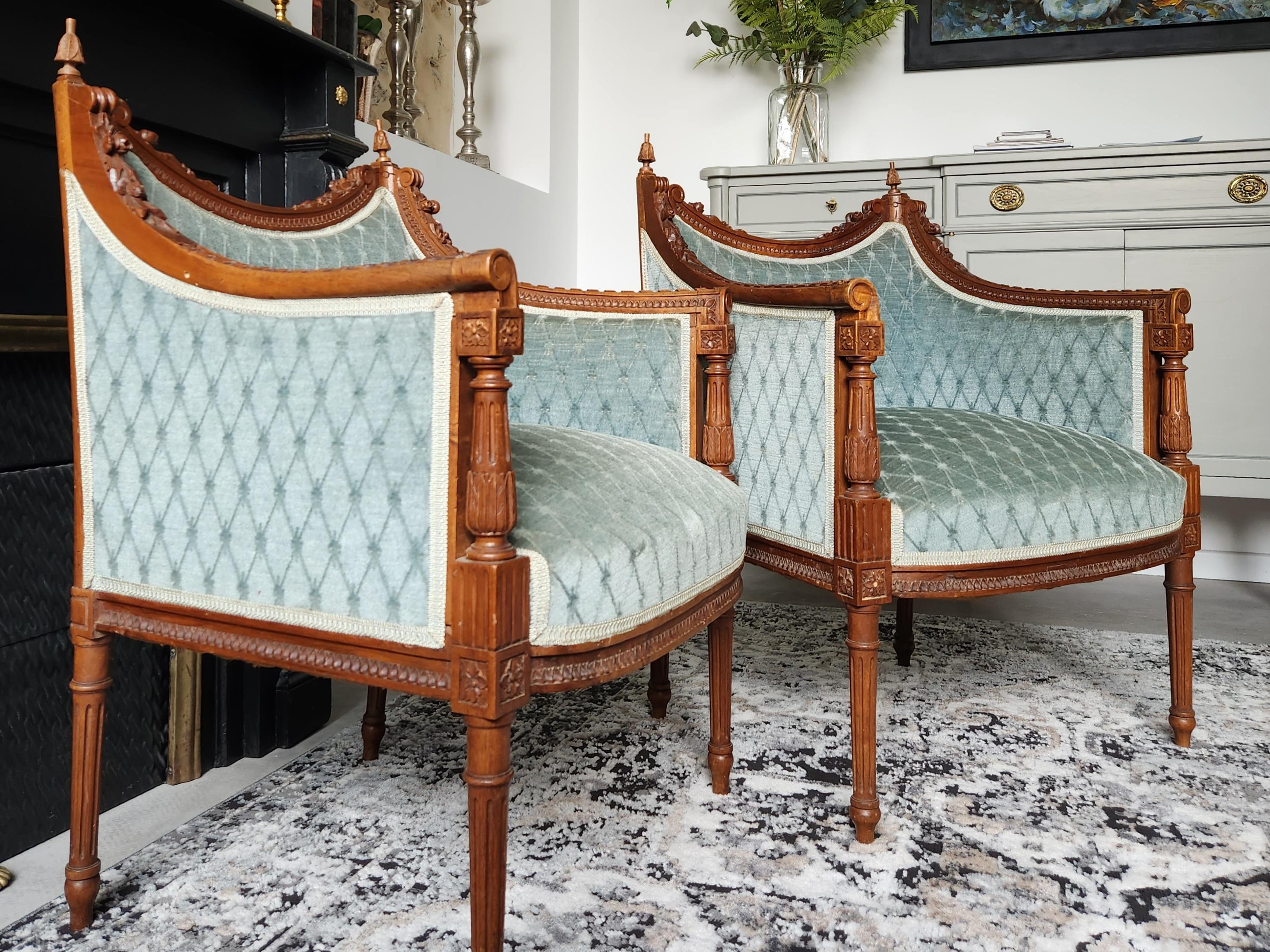 Velvet Antique French Louis XVI Pair Of Armchair, 19th Century For Sale