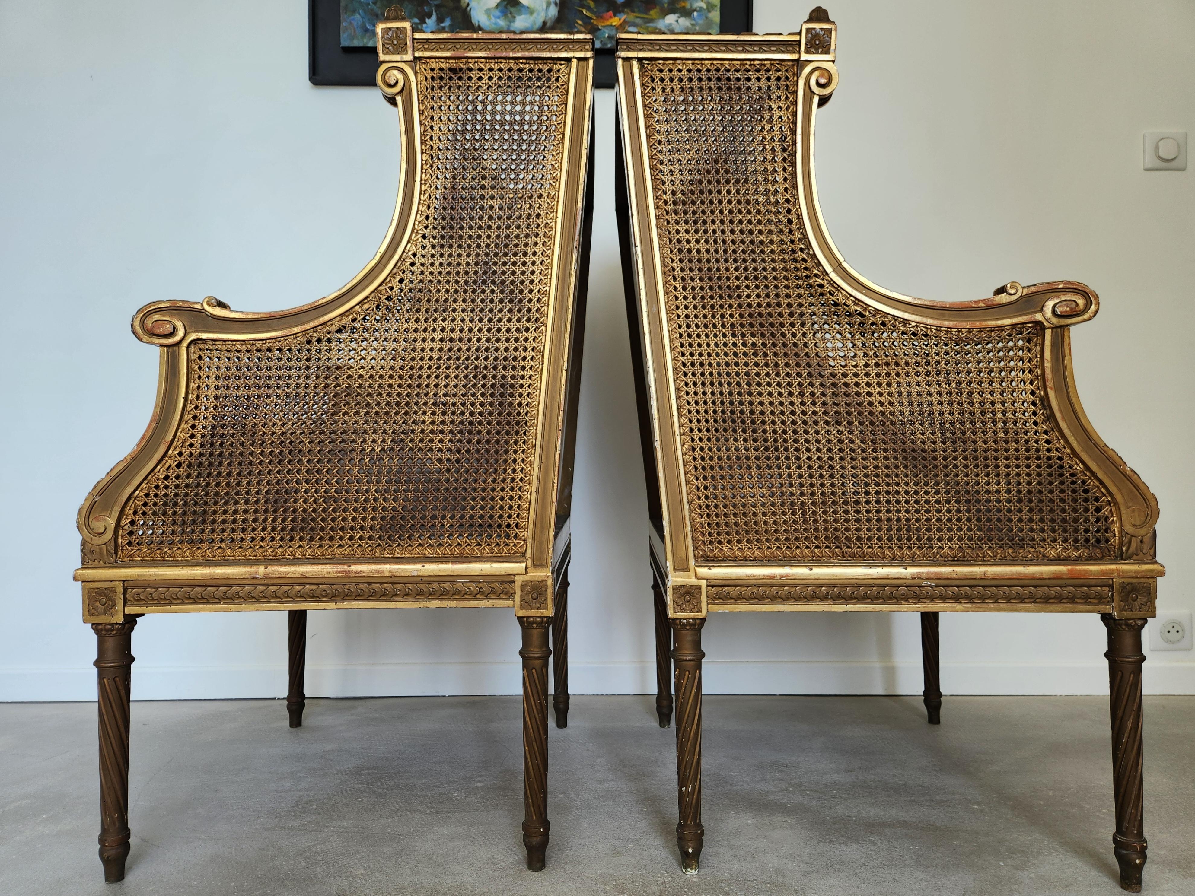 Antique French Louis XVI Pair Of Armchair, Gilded Wood, 18th Century For Sale 9