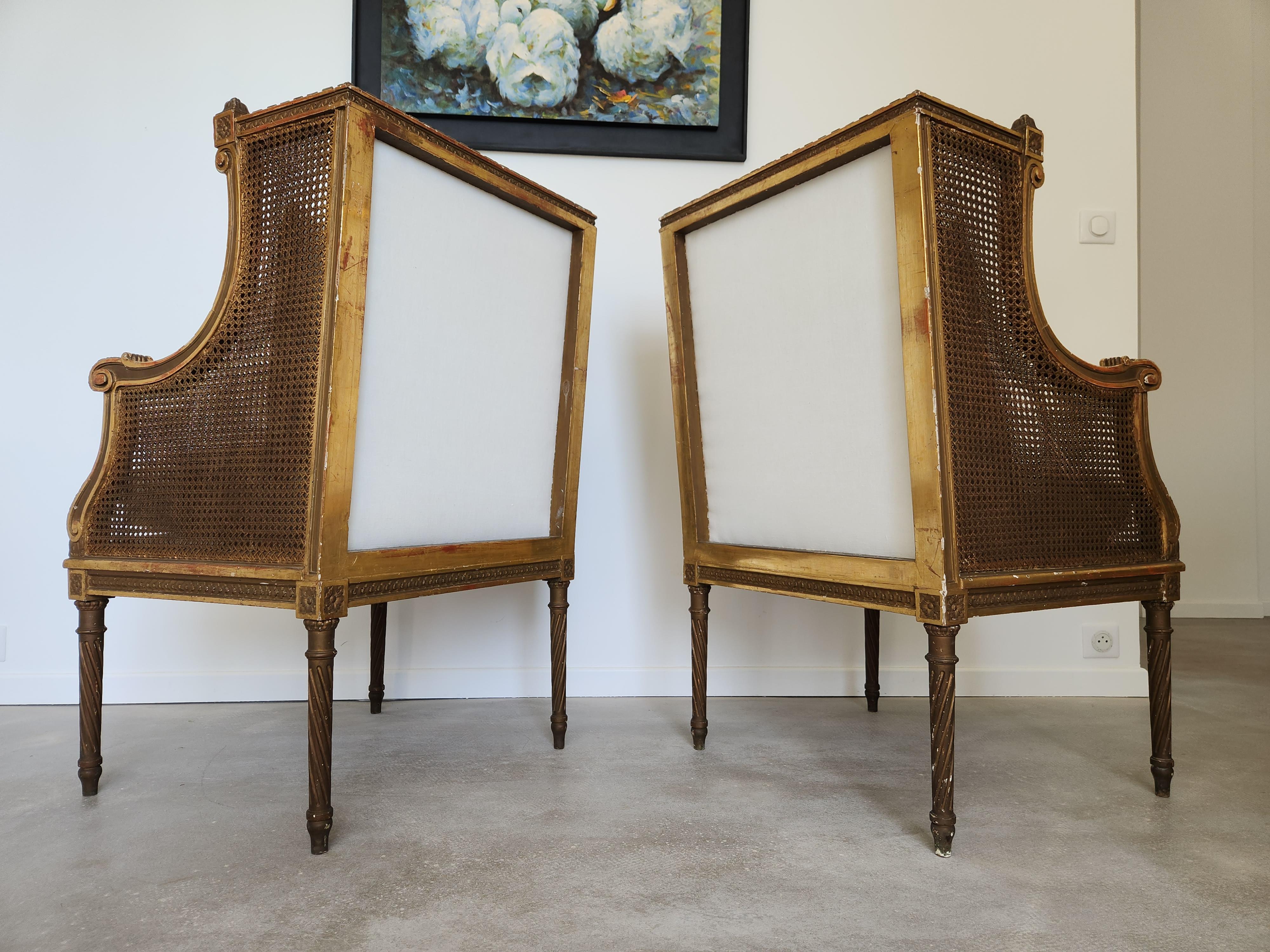Linen Antique French Louis XVI Pair Of Armchair, Gilded Wood, 18th Century For Sale