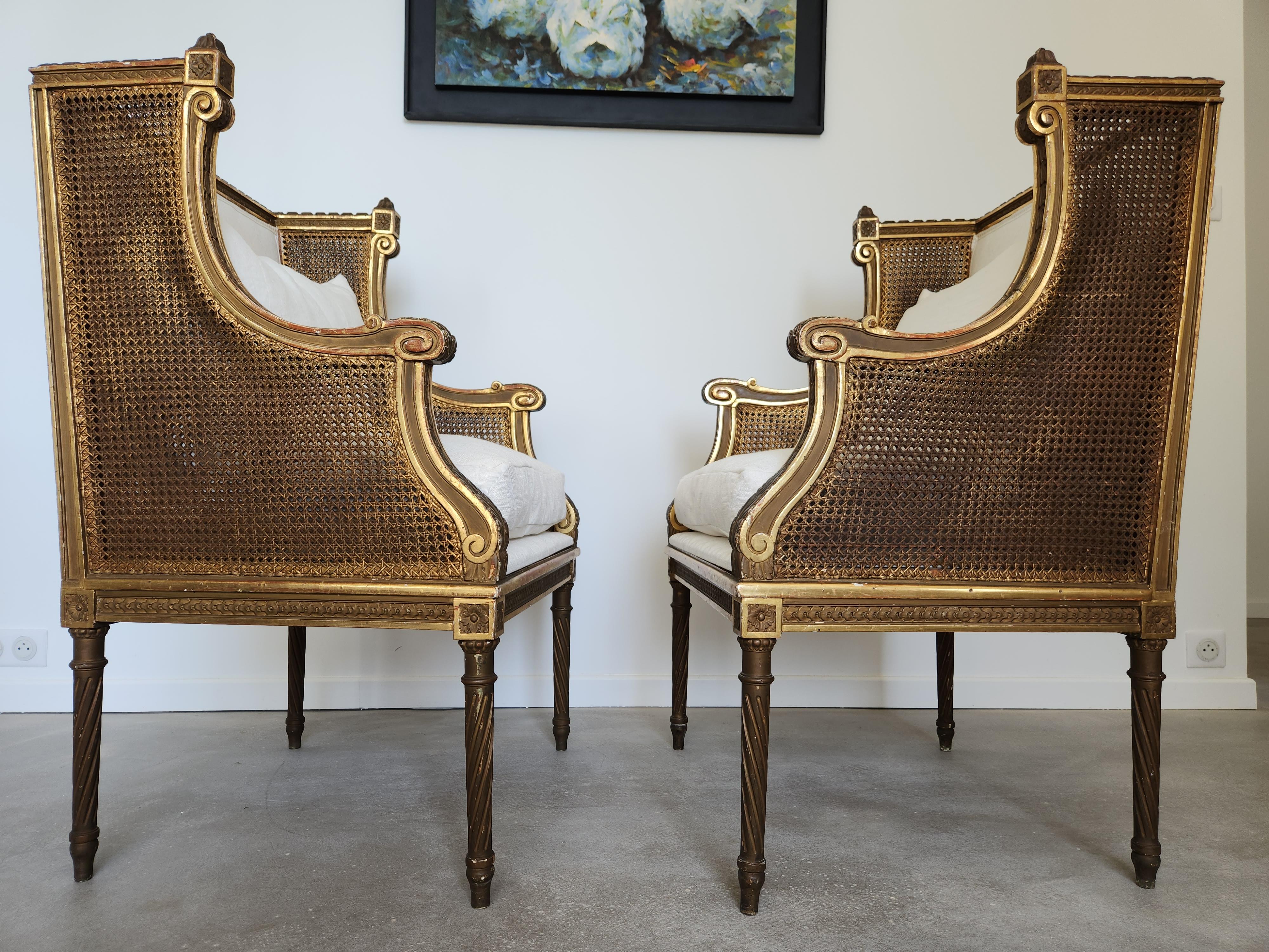 Antique French Louis XVI Pair Of Armchair, Gilded Wood, 18th Century For Sale 2